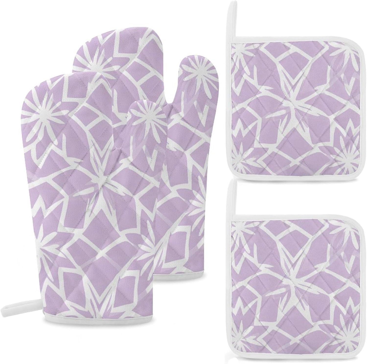 Light Purple Star Pattern Oven Mitts and Pot Holders 4Pcs Set Heat Resistant Cooking Mitts Hot Pads