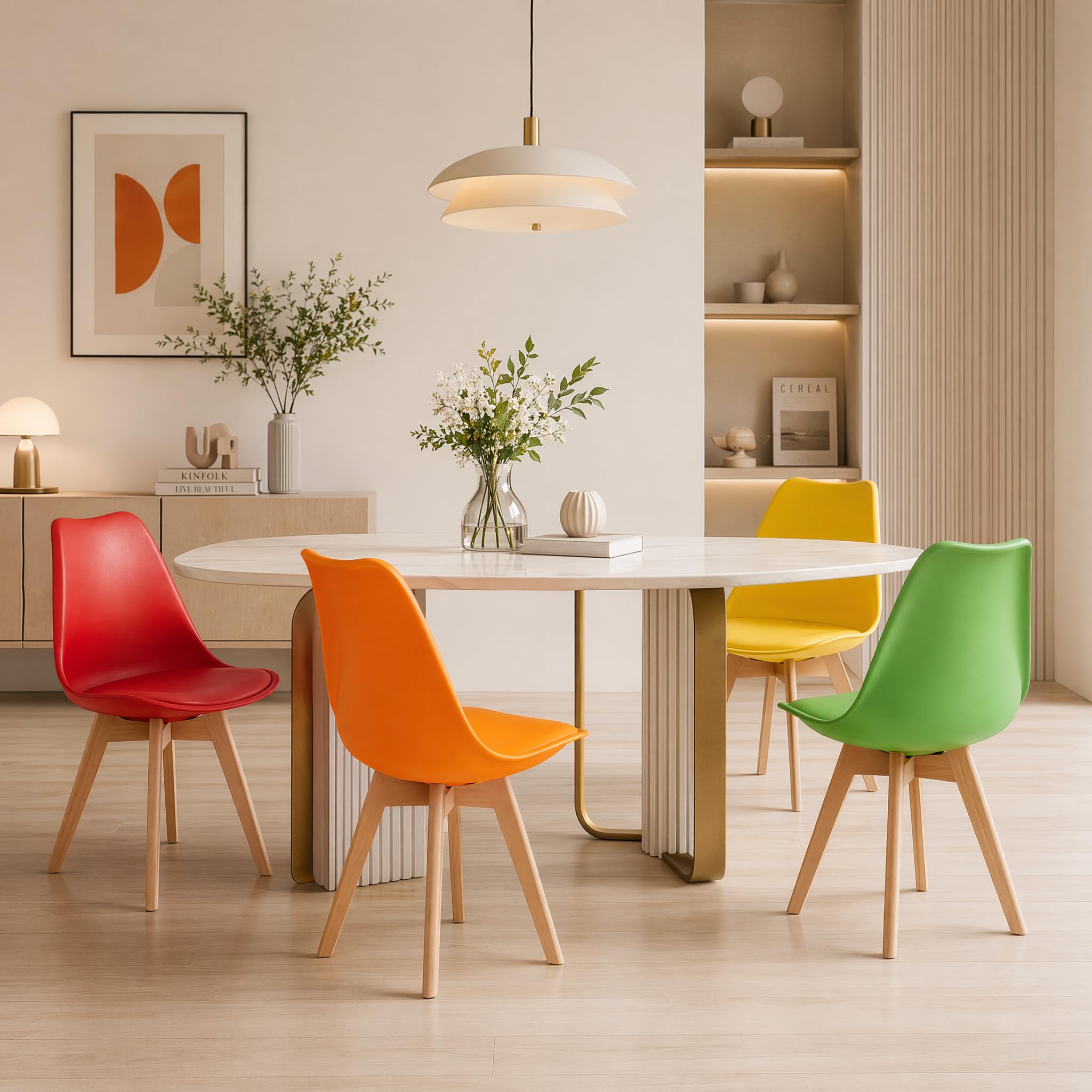 EGGREE Lot de 4 Chaises Scandinaves Multicolores, Chaises de Salle à Manger et de Cuisine, Assise Rembourrée en Simili Cuir PU, Pieds en Bois de Hêtre, Jaune/Rouge/Vert/Orange