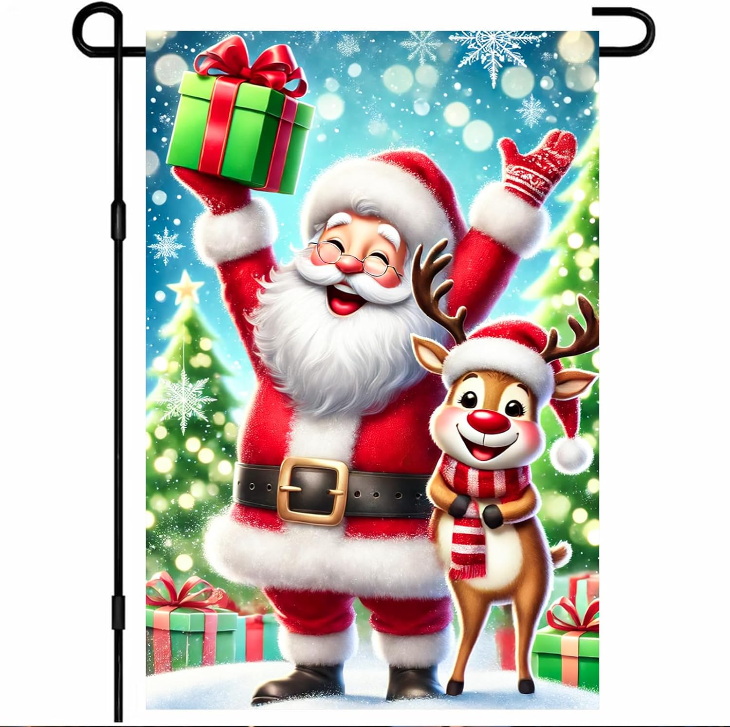 Christmas Garden Flag 12x18 Inch Welcome Christmas Twin Outdoor Flag Double Sided Holiday Yard Banner with Santa Claus and Reindeer Snowflakes Gifts and Evergreens for Porch Lawn Patio
