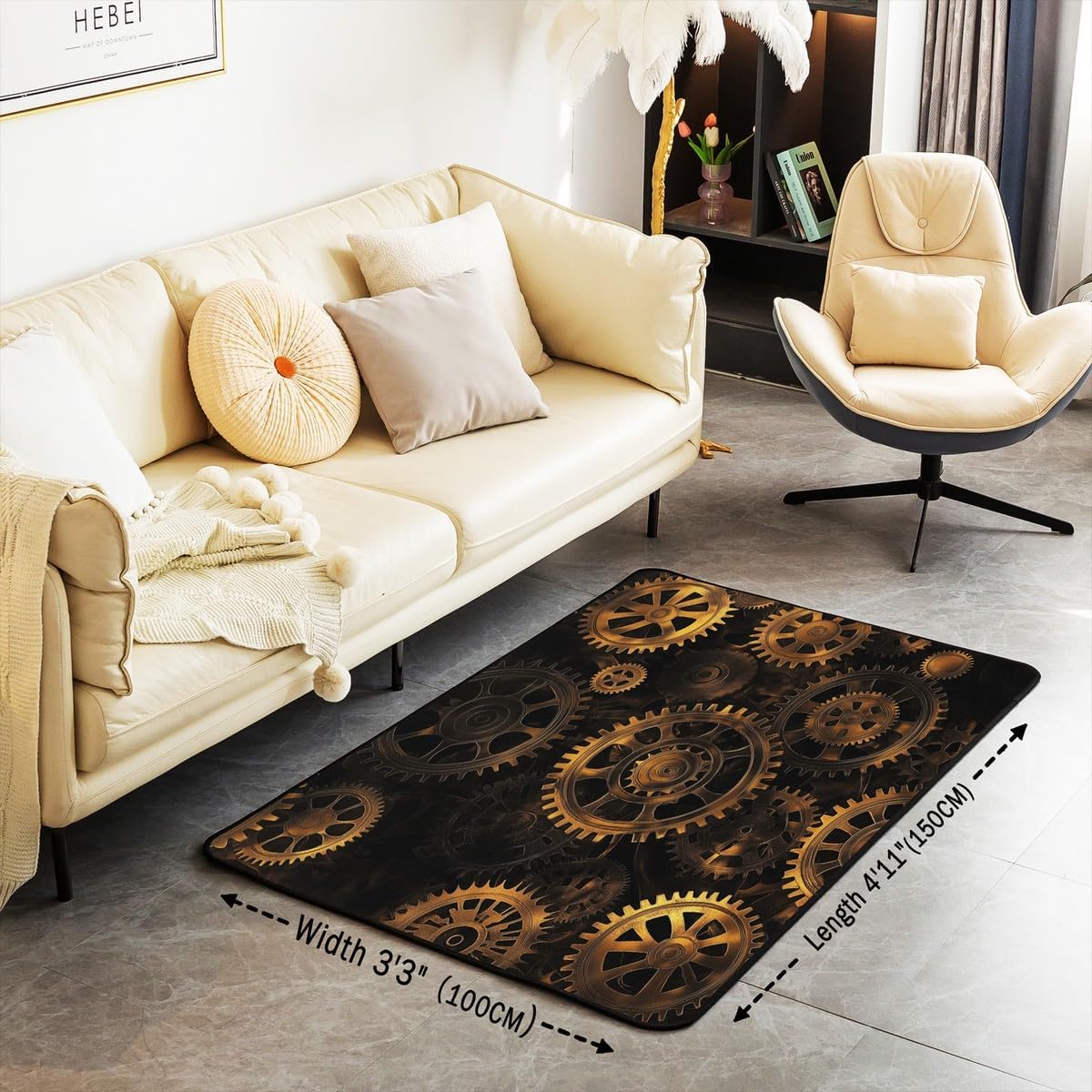 Golden Ndustrial Gear Area Rug Steampunk Style Carpet 3x5 Clocks Theme Indoor Floor Mat for Kids Boys Teens Men