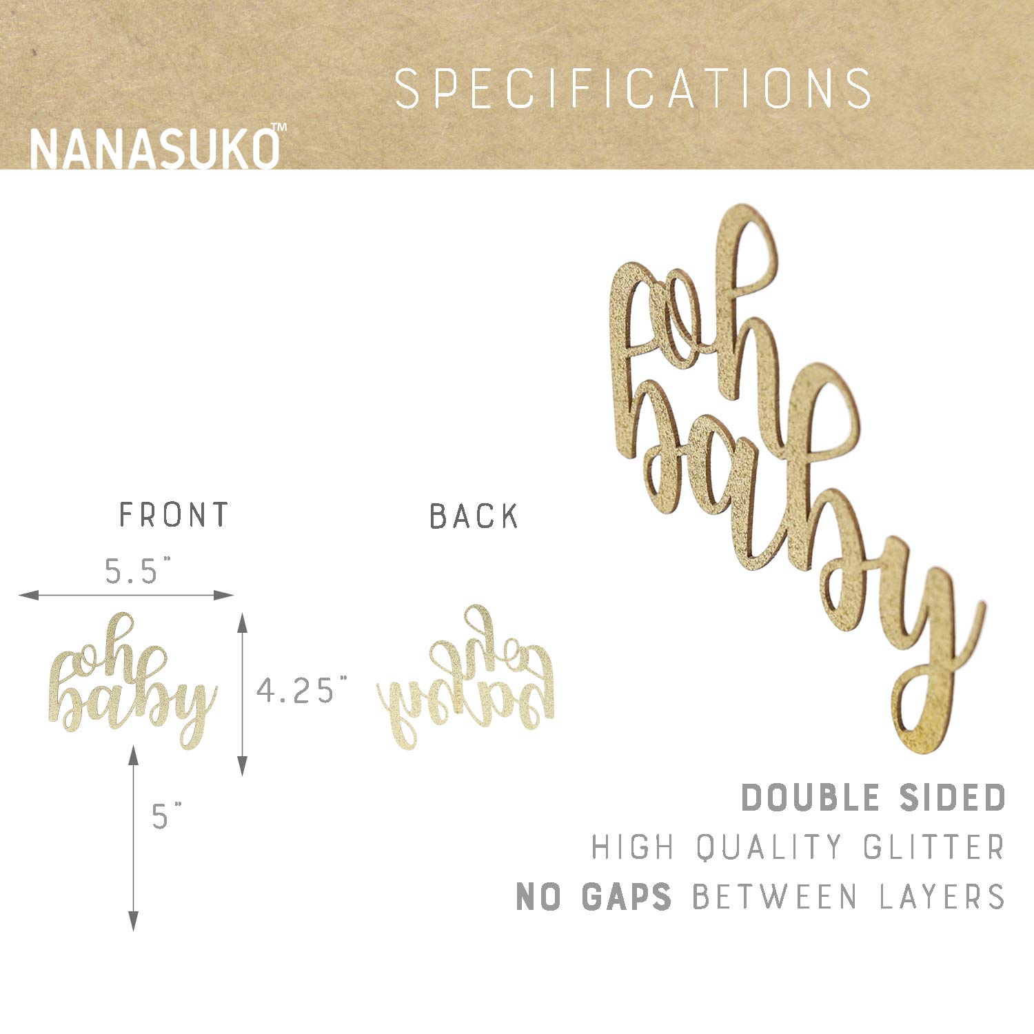 NANASUKO Baby Shower Cake Topper - oh baby - Double Sided Gold Glitter - Premium Quality Made in USA