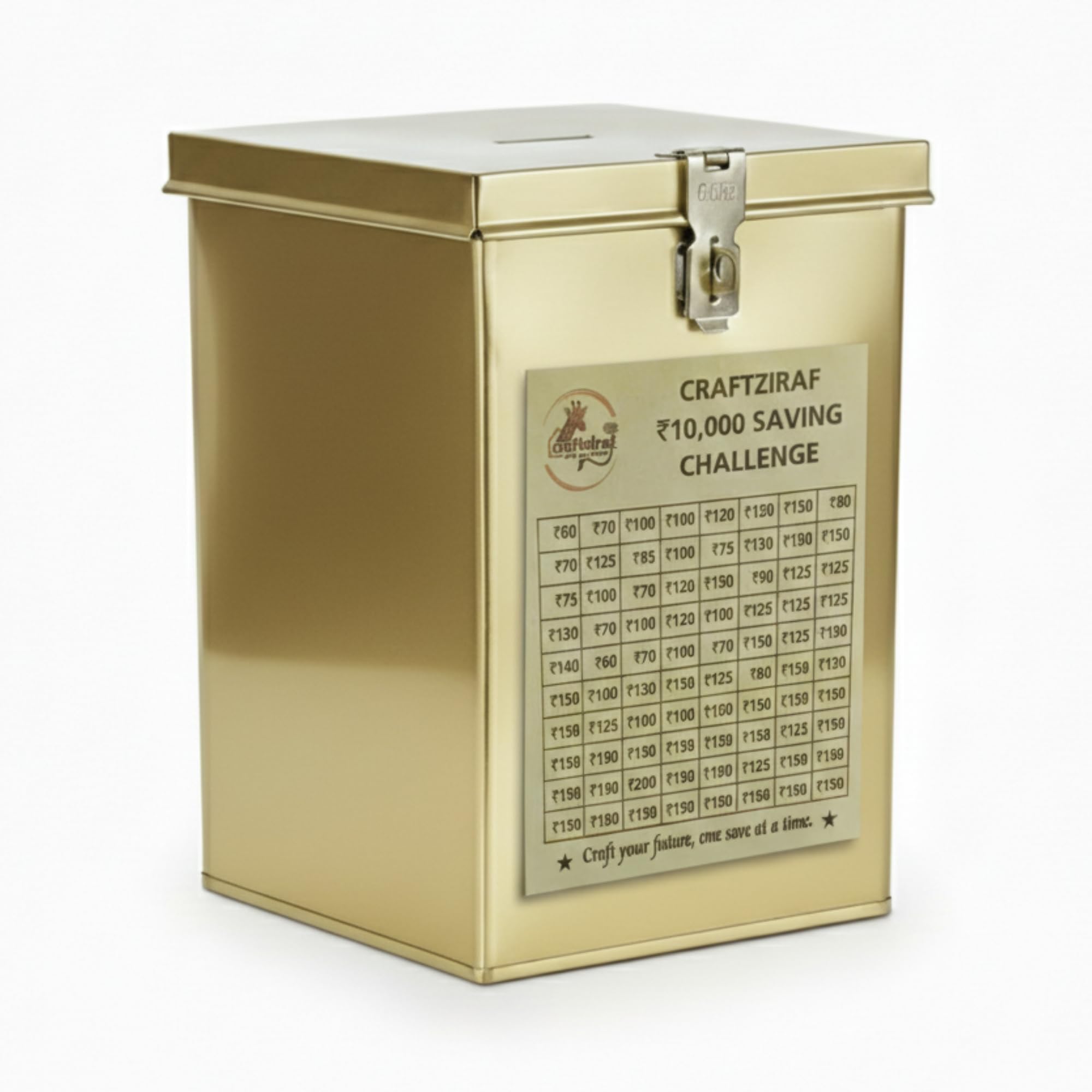 WisdomCraft Gold Metal Cash Box with CraftZiraf Money Tracker Sticker | Large 8.1" Heavy-Duty Gullak for ₹10,000 Savings Challenge | Secure Metal Saving Box with Padlock Latch | Gift for Family & Kids-image-8