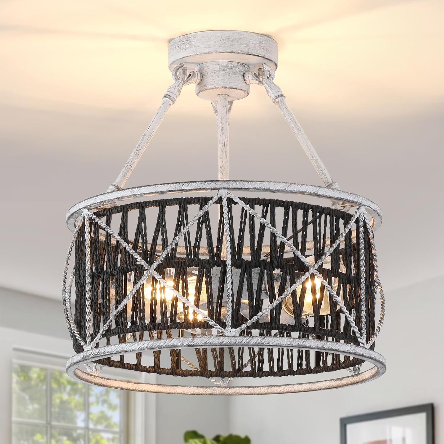 3-Light Hand Woven Black Rattan Ceiling Light, Farmhouse Bohemian Dual Round Semi Flush Mount Chandelier, Distressed White Metal Frame for Dining Room Kitchen Bedroom Living Room Coastal