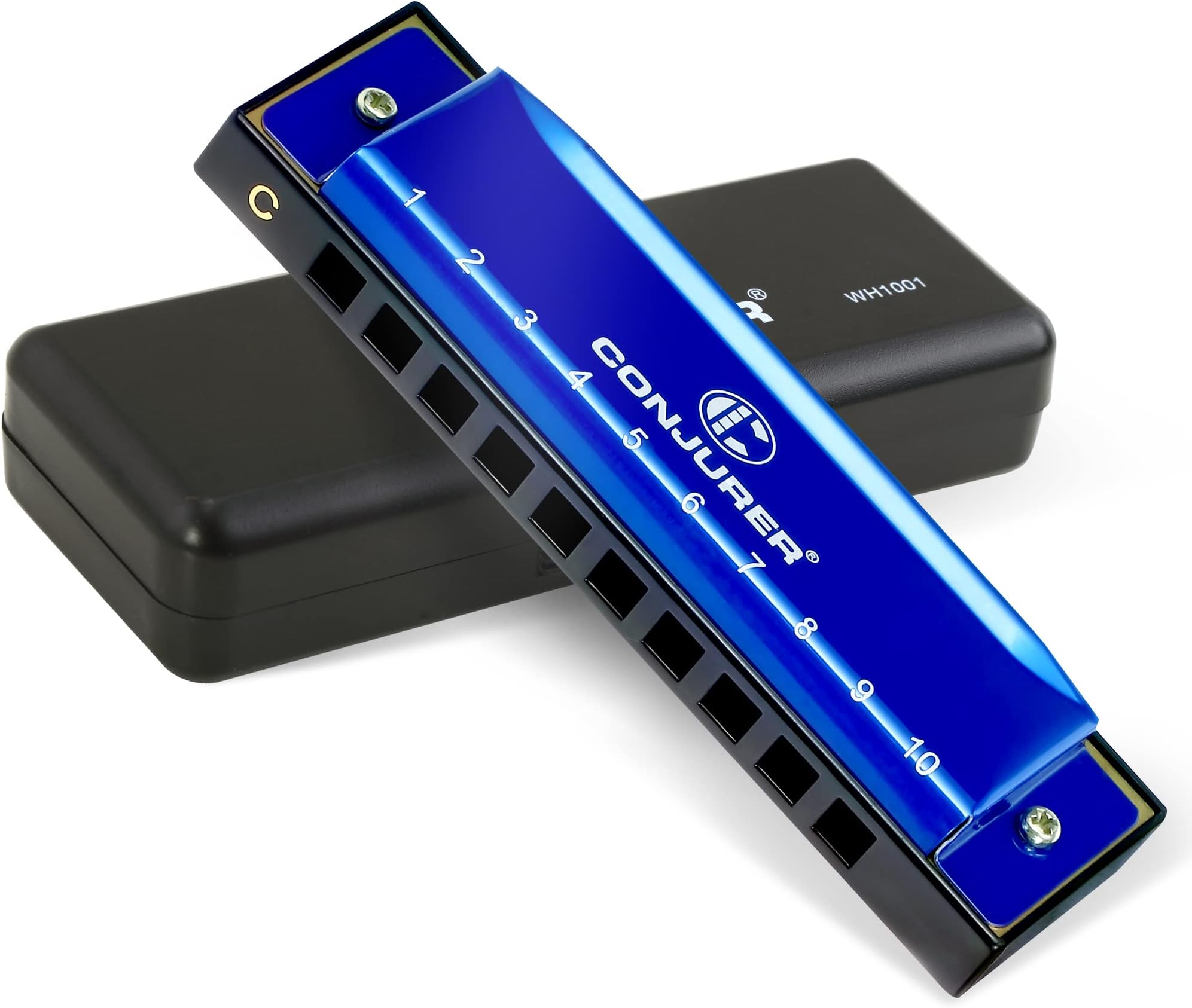 - CONJURER Blues Harmonica for Adult Beginners Students 10 Hole Diatonic Harmonica Key of C, Brass Reed Metal Mouth Organ C Key with Case, Blue