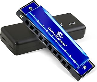 CONJURER Blues Harmonica for Adult Beginners Students 10 Hole Diatonic Harmonica Key of C, Brass Reed Metal Mouth Organ C Key with Case, Blue