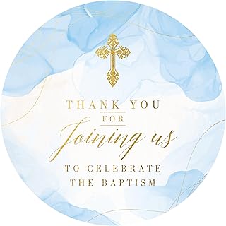 Mobiusea Creation Baptism Stickers for Boys | 2 inch | Blue Watercolor with Gold Foil Cross| 60pcs Waterproof Thank You Stickers Baptism Favor Tag Labels