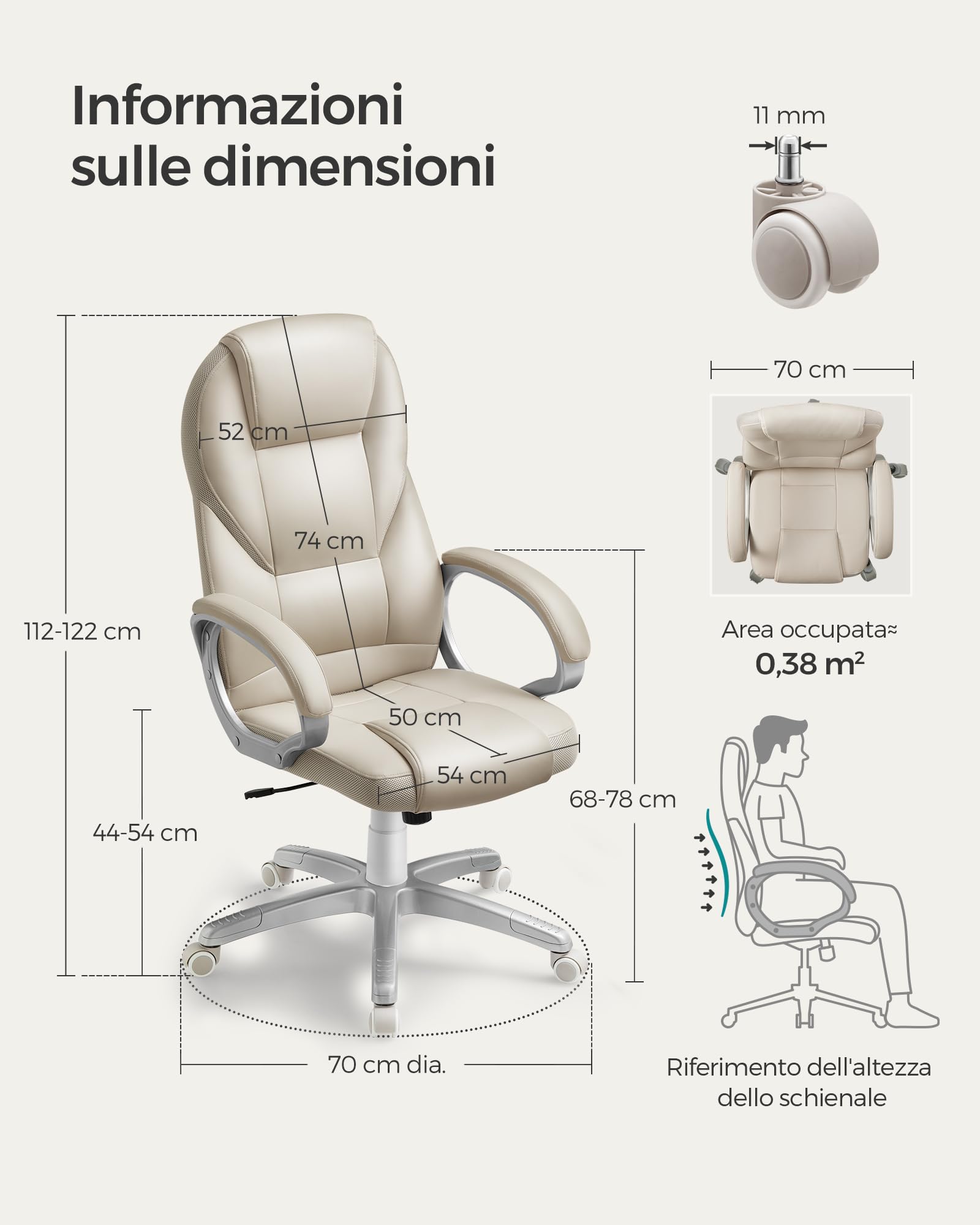 SONGMICS Silla de Escritorio Ergonómica Silla de Oficina Altura Ajustable | Altura Ajustable, Giratoria y con Ruedas, Blanco Crema, OBG022W01