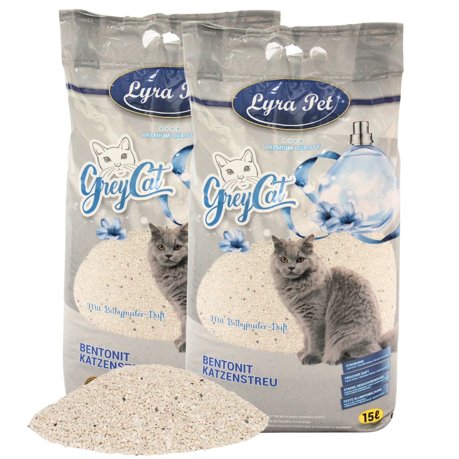 Lyra Pet® | 30 Liter Grey Cat Katzenstreu | Mit Aktivkohle | Mit Babypuder Duft | Feines Klumpstreu | 350% Saugkraft | Naturprodukt aus Bentonit | Saubere Wohnung | Neutralisiert Gerüche | Staubarm