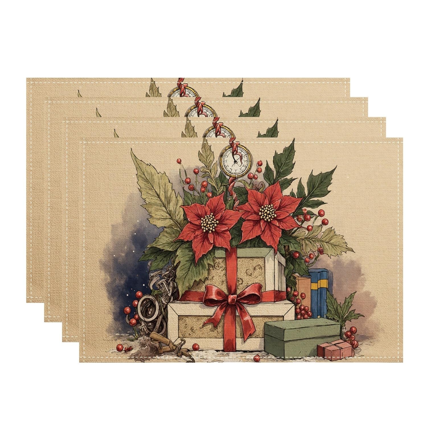 Christmas Poinsettia Placemats, Vintage Floral Place Mats for Dining Table, Holiday Non-Slip Washable Indoor Outdoor Party Decorative Placemat Set of 4