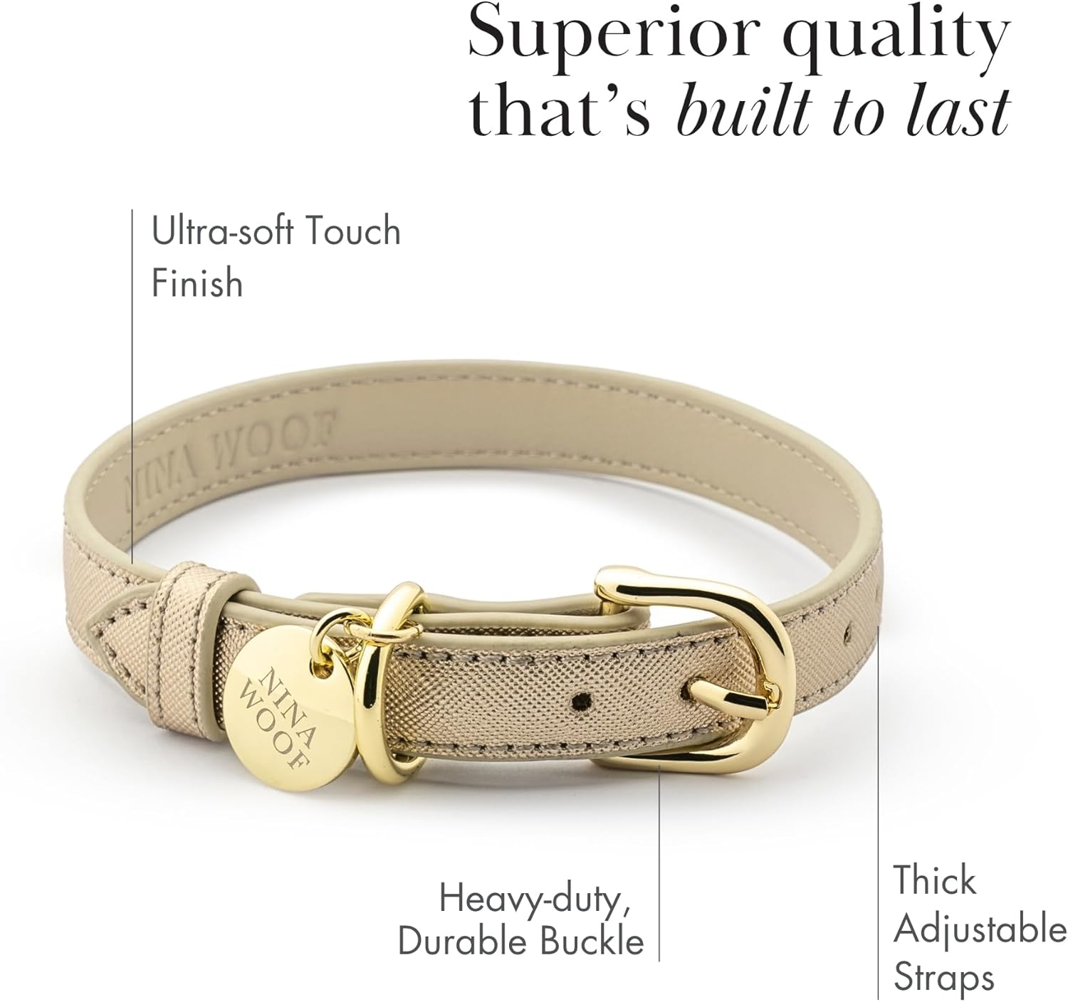 Rio Dog Collar Saffiano Vegan Leather Color Gold Size M