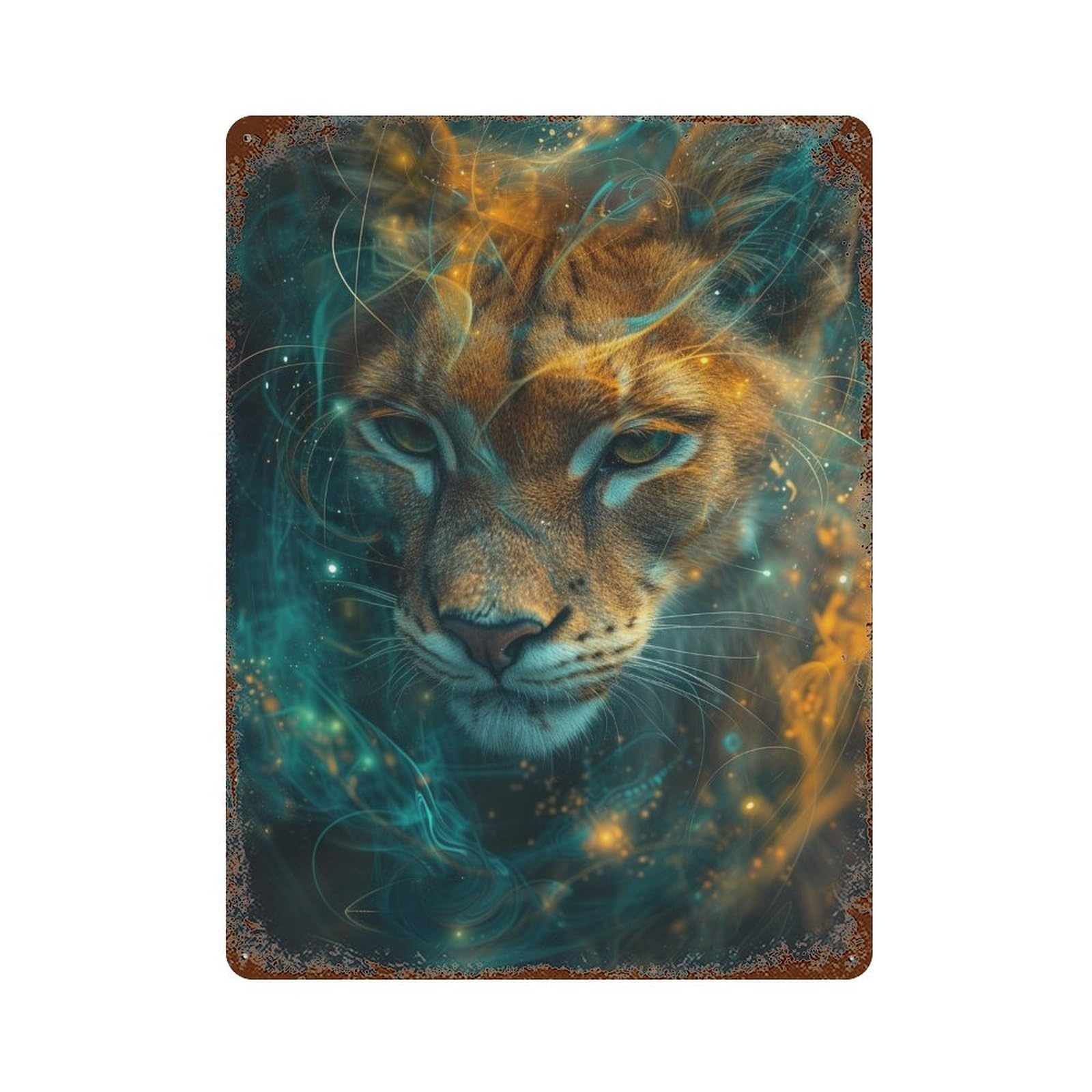 Magical Lion Portrait Rustic Tin Plaque 15.7"x11.8", Industrial Home Decor for Pub, Kitchen And Man Cave Decor