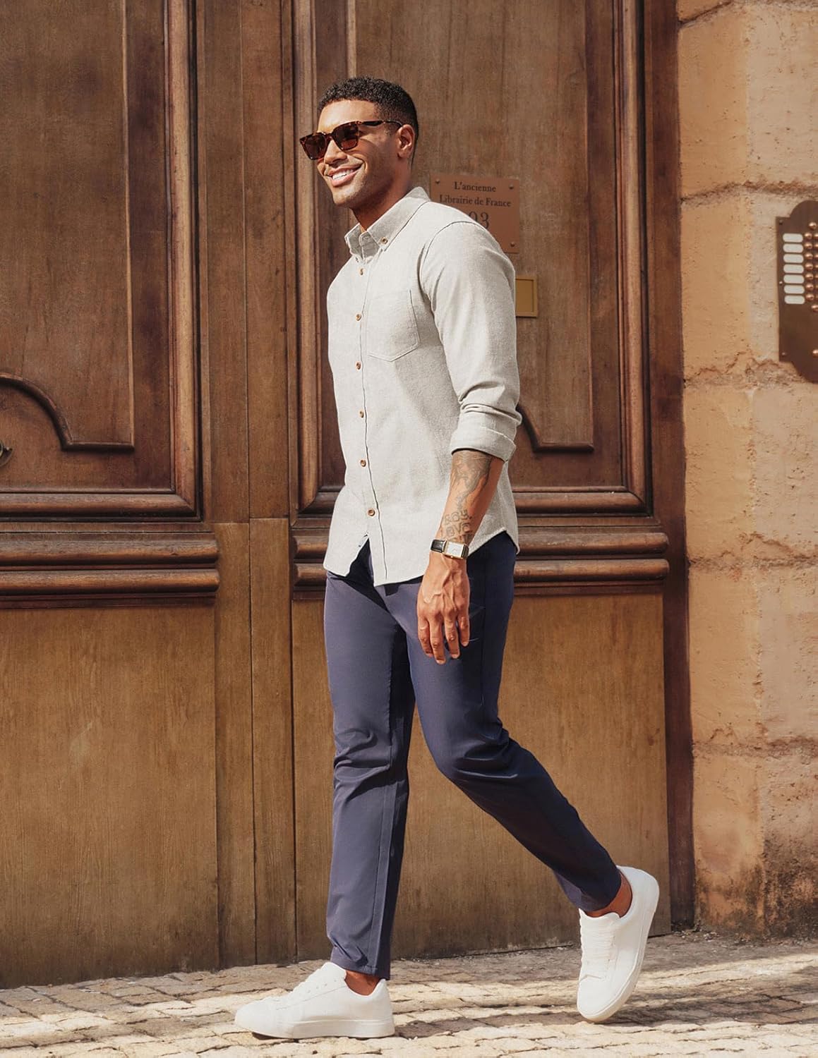 PJ PAUL JONES Mens Classic Fit Linen-Cotton Shirt Button Down Long Sleeve Casual Business Shirts - Image 4