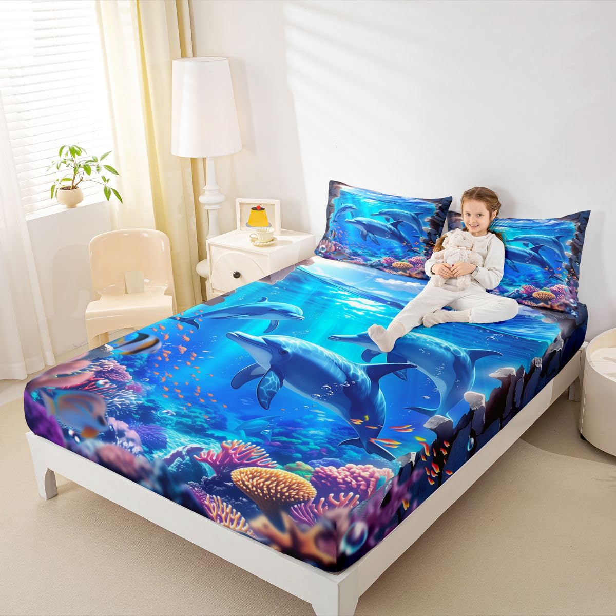 Homewish Ocean Waves zestaw pościeli podwójny ocean delfiny rafa koralowa prześcieradła niebieskie morze niebo białe chmury zestaw prześcieradeł - urocza kreskówka życie morskie dopasowane