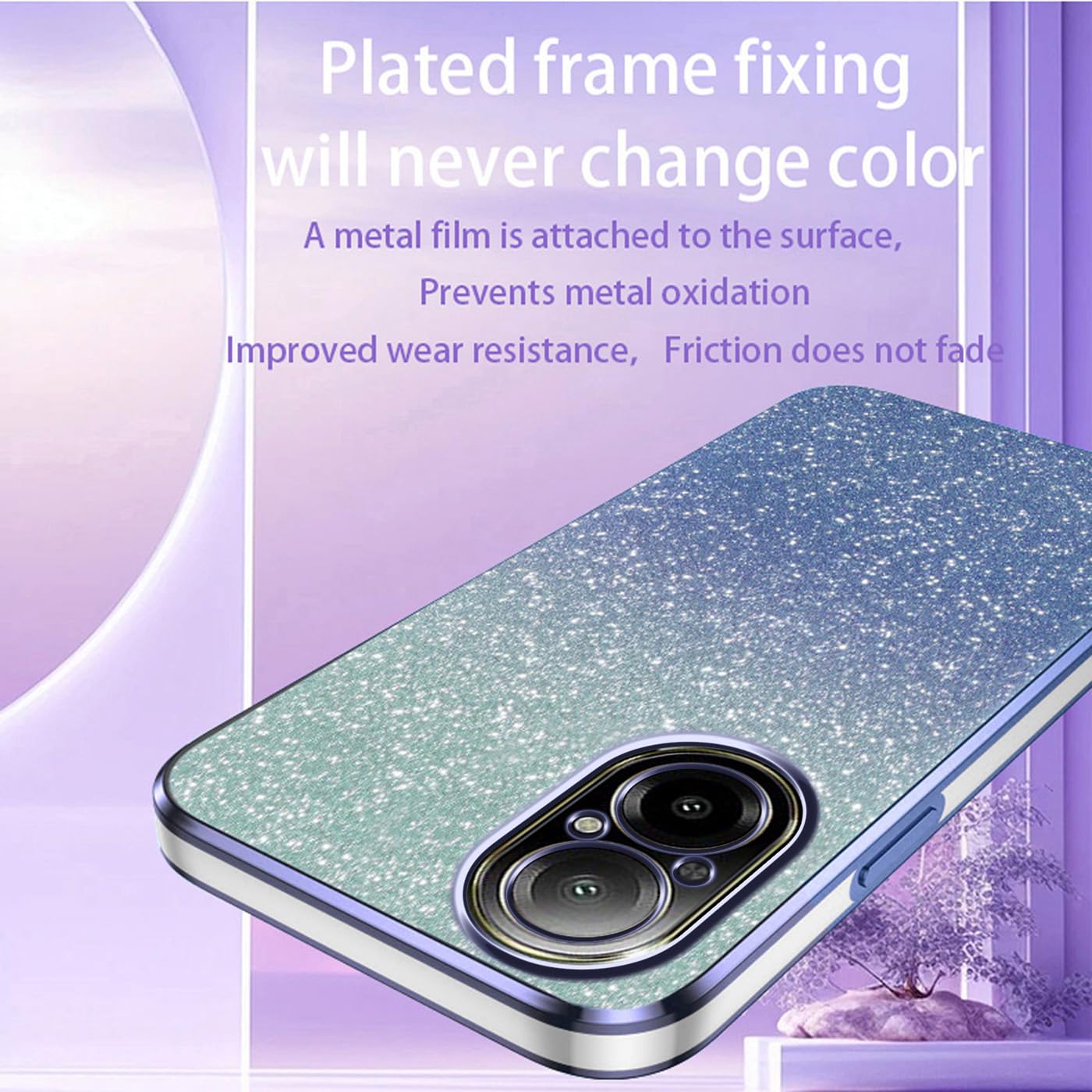 YUEQIAN Cover Glitter per Realme C67 4G, Ultra Sottile Trasparente Scintillio Bling Donna Custodia, Brilla Fiori Anello Supporto Morbido TPU Antiurto Case. Blu