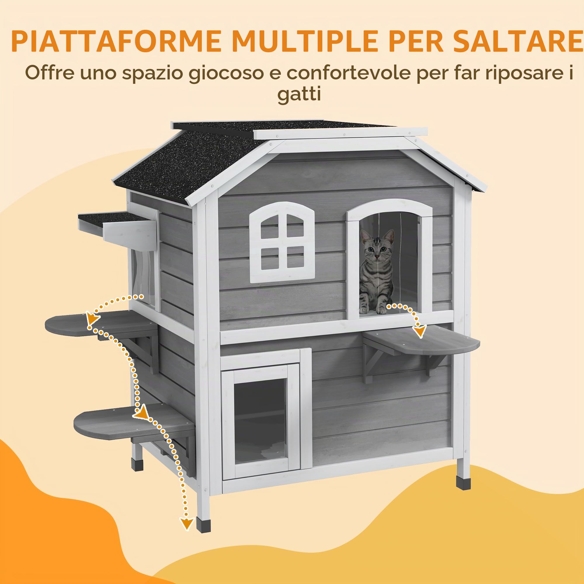 PawHut Casetta per Gatti con Tetto Apribile in Asfalto, Bianco e Grigio | Esterno ed Interno, Cuccia per Gatti in Legno di Abete, 2 Piani, 4 Ingressi, 3 Piattaforme, Base Rialzata, 99.5x76x91 cm