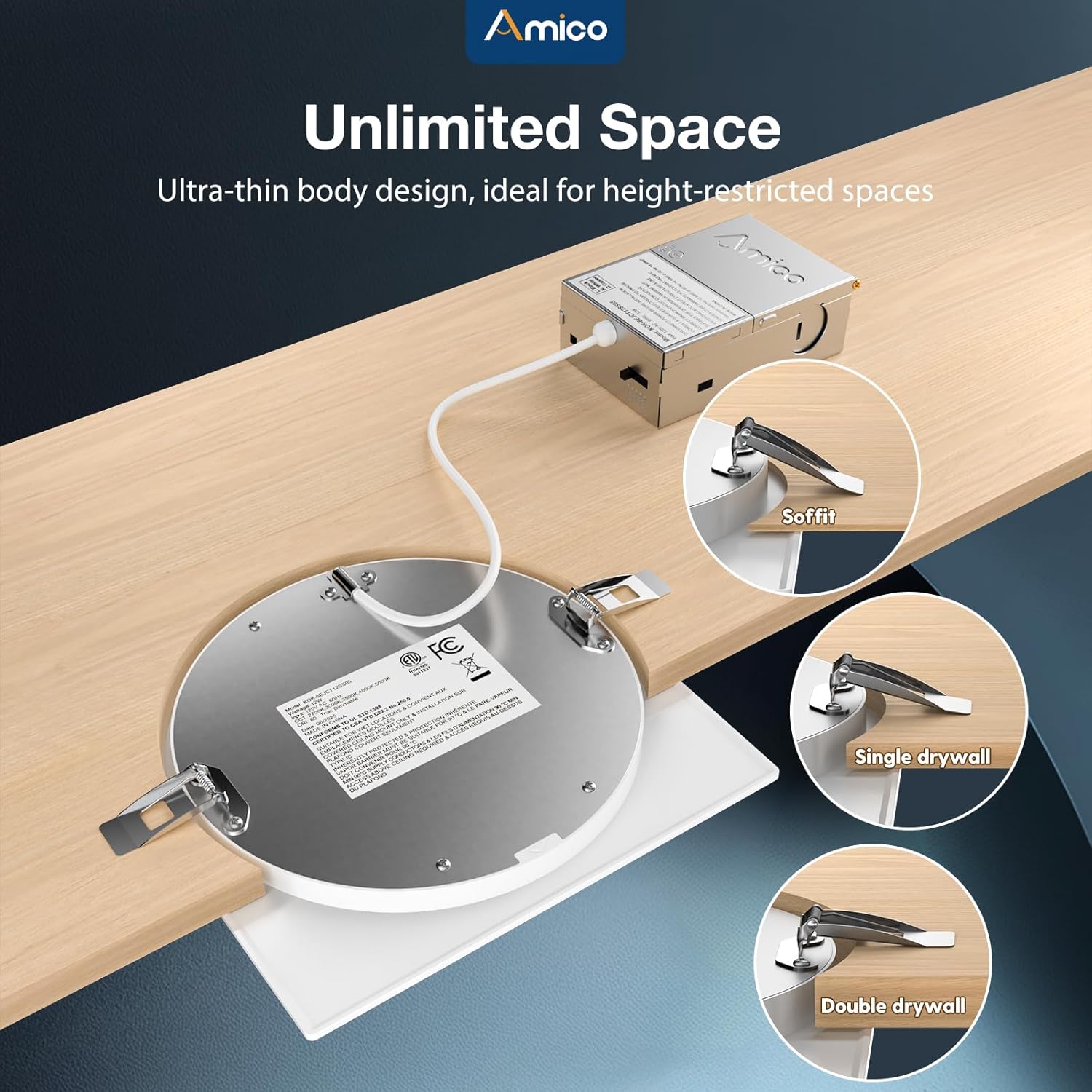 Amico 6 Pack 6 Inch Ultra-Thin LED Square Recessed Light with Junction Box, 5CCT 2700K/3000K/3500K/4000K/5000K Selectable, 1050LM Brightness, Dimmable Canless Wafer Downlight, 12W, ETL&FCC - Image 5