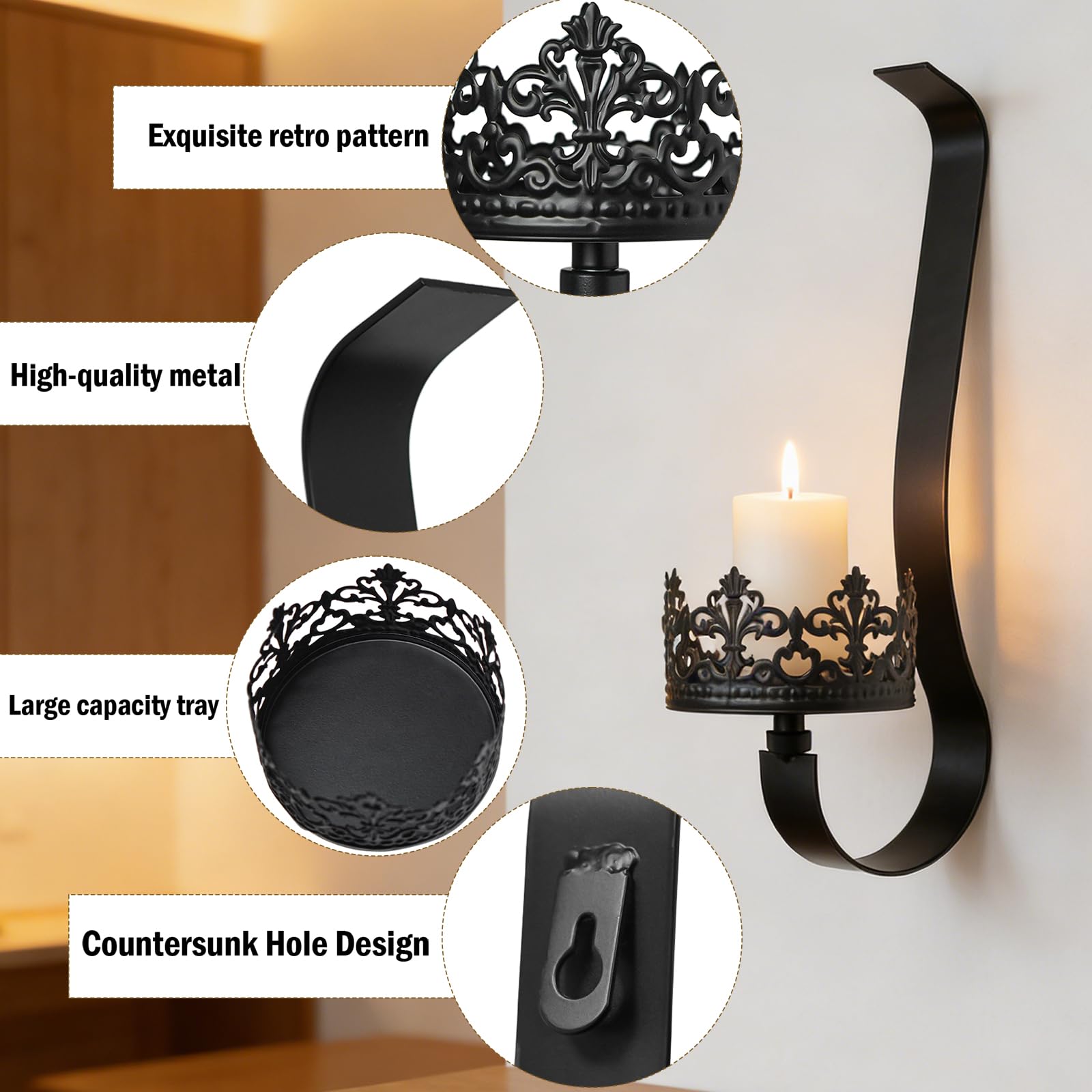 Juego de 2 candelabros de pared de metal negro, portavelas rústicos de granja con bandeja de 4 pulgadas para sala de estar, chimenea, pasillo, decoración de pared de estilo gótico (2, negro