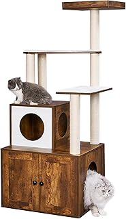BEWISHOME Cat Litter Box Enlcosure Furniture with Cat Tree, 2-in-1 Cat Tower with Cat Washroom, Large Wooden Cat House with with Plush Perch Scratching Posts CMW04F