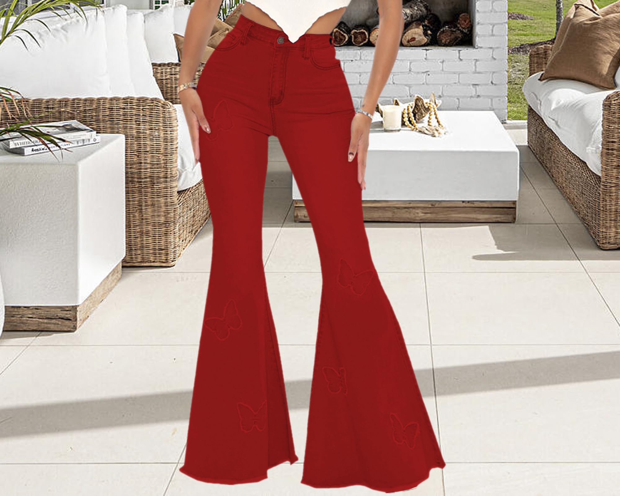 Women's Butterfly Bell Bottom Jeans Elastic High Waisted Embroidered Classic Flareed Jeans Raw Hem Denim Pants with Pocket