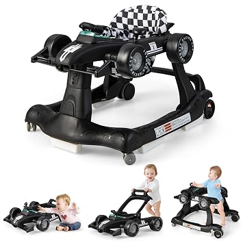 GLACER Foldable Baby Walker, 4-in-1 Infant Walker with Adjustable Height & Speed, Music, Light, Steering Wheel & Washable Cushion, Baby Walker Activity Center for Boys Girls 6 18 Months Black