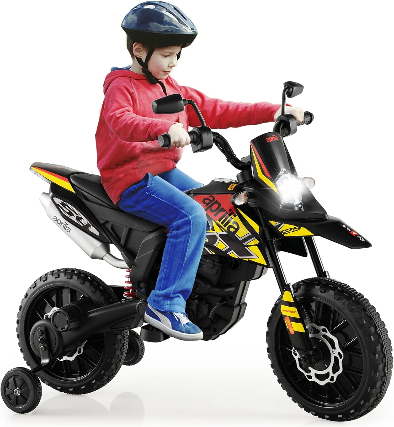 FANTASK 12V Elektromotorrad für Kinder 5,5-6 km/h, Kindermotorrad mit Stützrädern & Musik & Scheinwerfer, Gelbe und Schwarze Motorrad für Kinder von 3 bis 8 Jahren