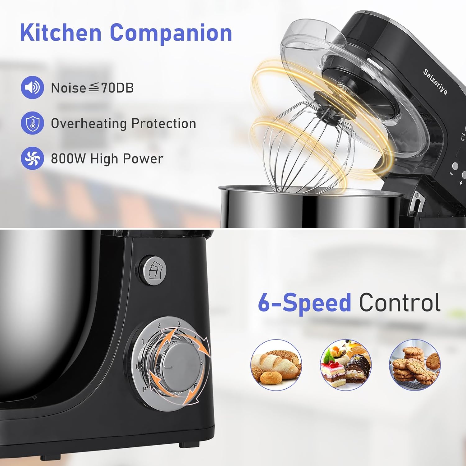 Electric Stand Mixer, 4.5QT 6-Speeds Electric Food Cake Mixer, 1000W Dough Mixer Tilt-Head Electric Stand Up Mixer with Stainless Steel Bowl, Dough Hook, Mixing Beater and Whisk, Splash Guard, Black