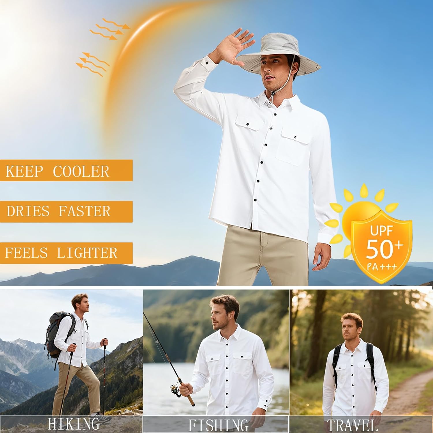 Men's UPF 50+ Sun Protection Fishing Shirts Long Sleeve Quick Dry Cooling Hiking Safari Button Down Shirt Roll Up Sleeve