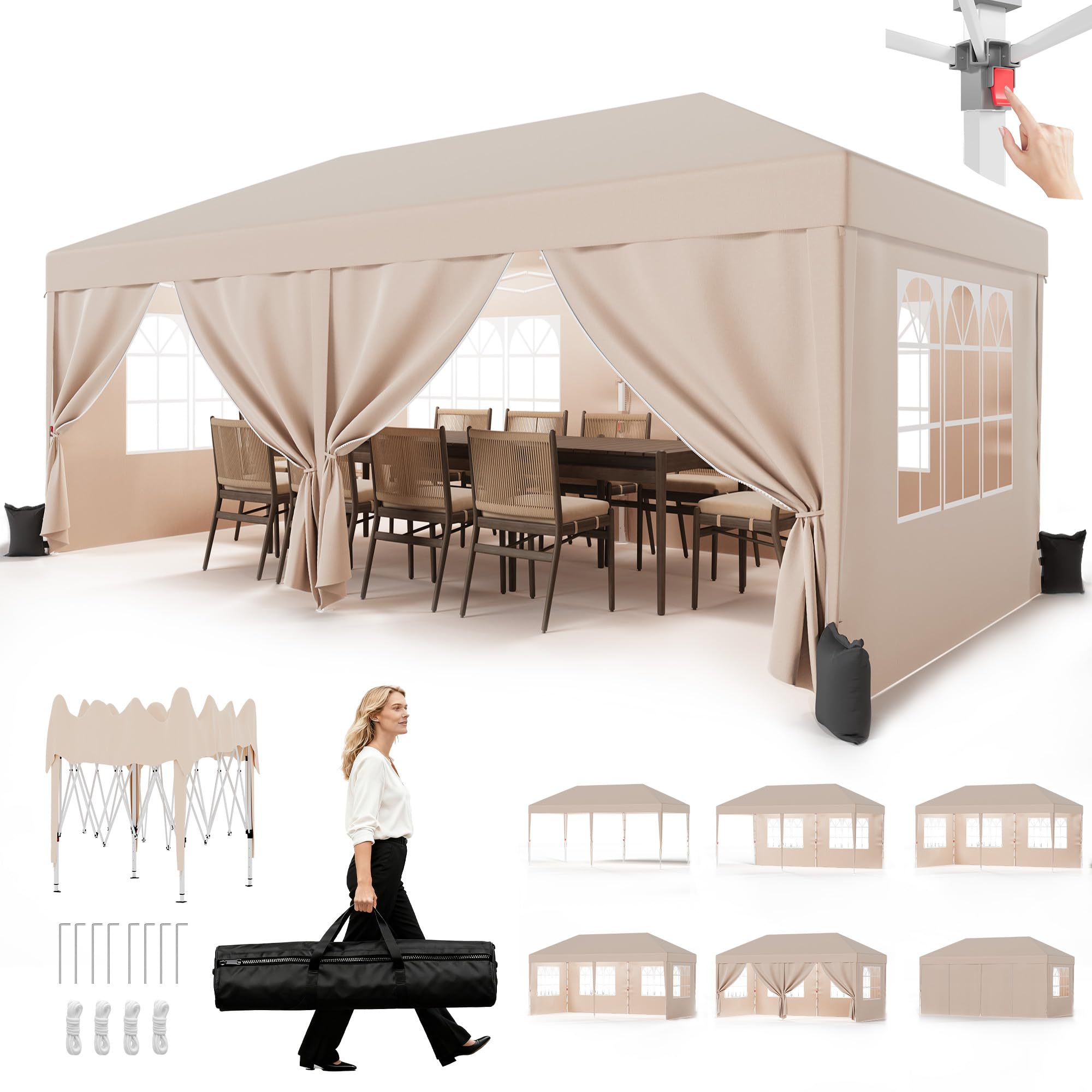 JUMMICO Pavillon 3x6 Wasserdicht Stabil Winterfest | Höhe Verstellbar,Faltpavillon mit 6 Seitenwänden,UV Schutz 50+,Gartenpavillon Faltzelt für Garten, Innenhof,Gazebo Beige