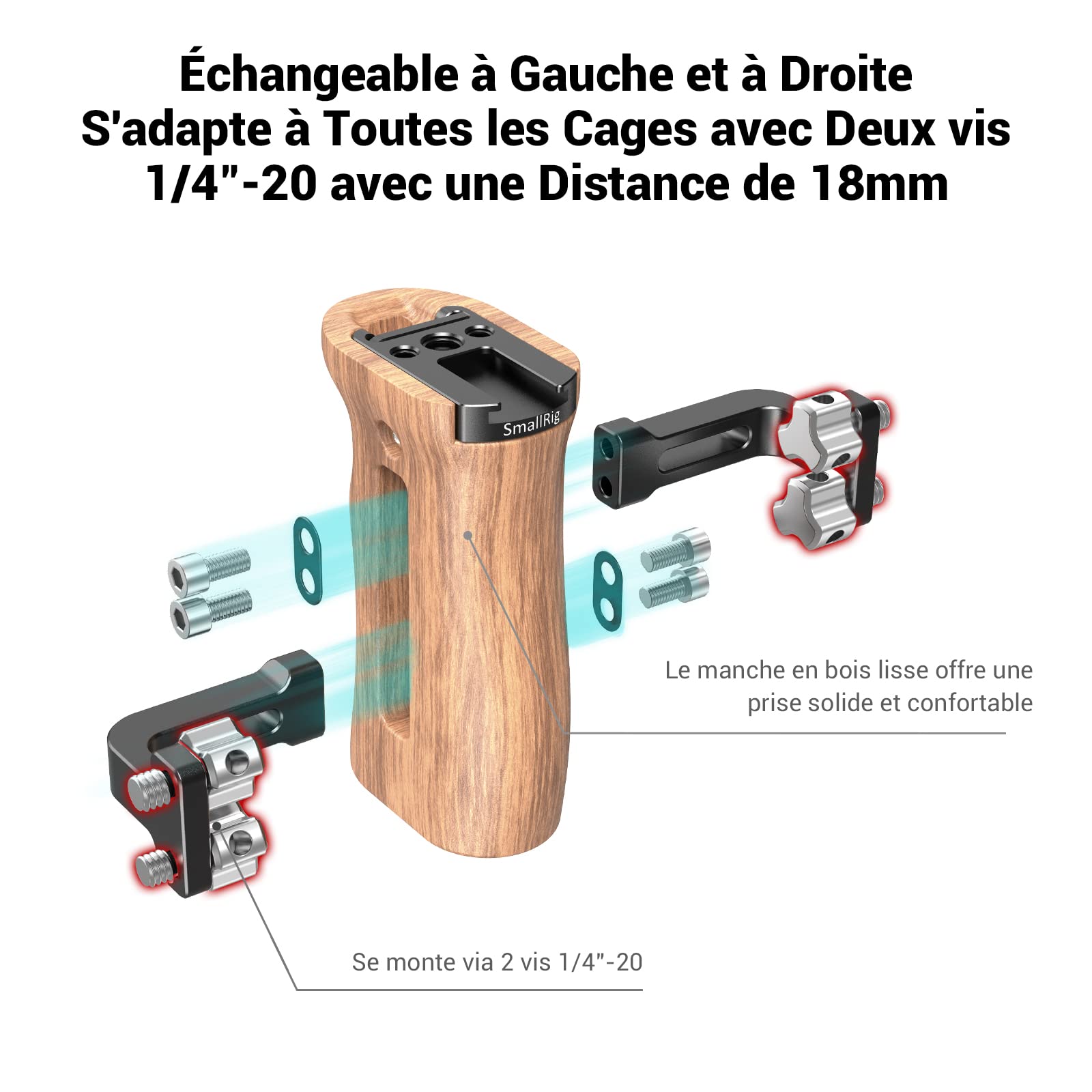 SMALLRIG Poignée en Bois avec Fixation Cold Shoe, Poignée Latérale Ajustable pour Camera DSLR Cage - 2093C