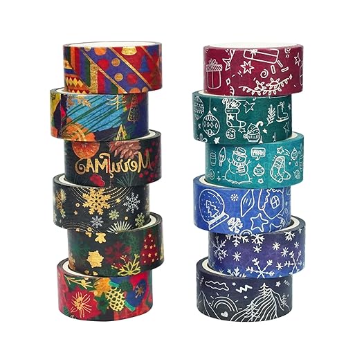 Baijixin Juego de 12 rollos de cinta washi de Navidad, lámina dorada, cinta decorativa de invierno y Navidad, cinta adhesiva Washi para