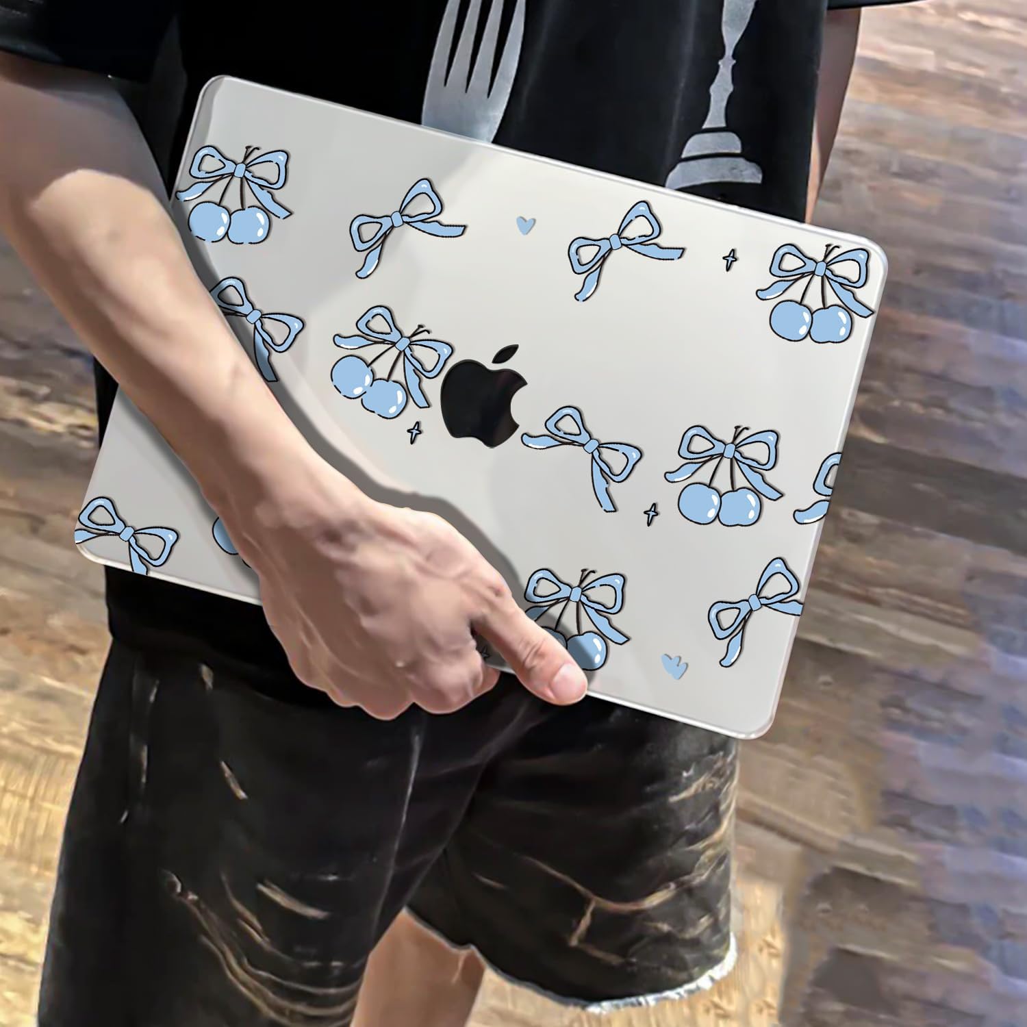Case for MacBook Air 15 Inch 2026 2025 2024 2023 M2 M3 M4 M5 A2941 A3114 A3241 A3448, Stylish Pattern Printed Hard Shell Protective Cover with Keyboard Cover& Screen Protector, Bow Cherry Blue