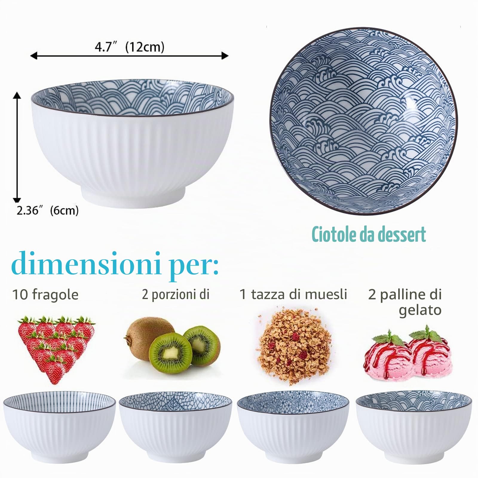 4 Ciotole Ceramica Set,Ciotola Colazione,350 Ml Ciotole Per Dessert In Ceramica, Ciotole Per Insalata,Gelato,Salse Per Salse,Biscotti, Dessert,Noci,Frutta