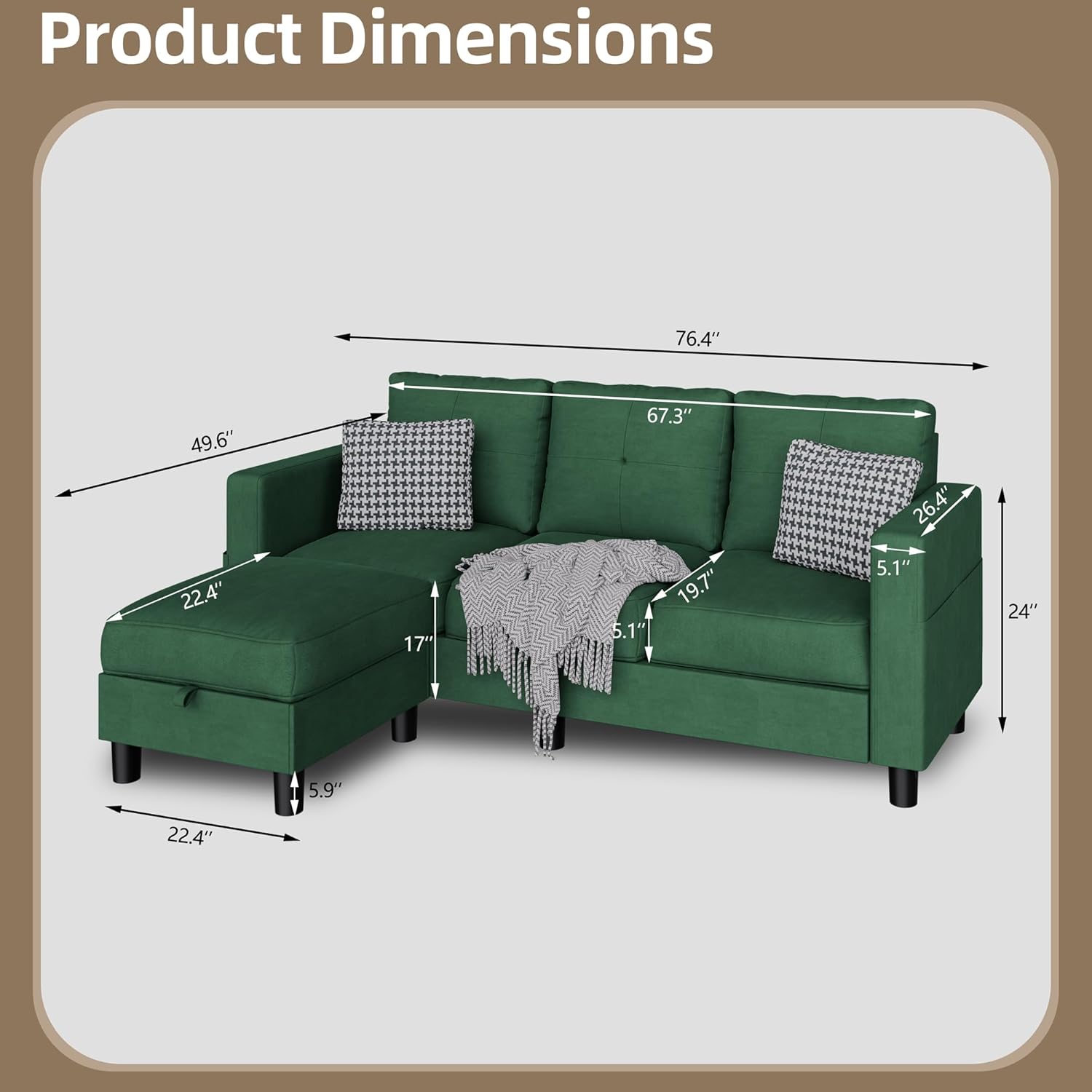 Walsunny Sectional Sofa Product Dimensions Diagram