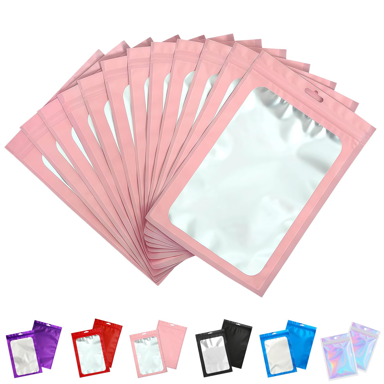 50 PCS Pink Mylar Bags 12 x 20 cm, Resealable Smell Proof Food Storage Pouches, Heat Seal Foil Zip Lock Bags for Cookies, Snacks, Tea, Gifts and Small Packaging Bag