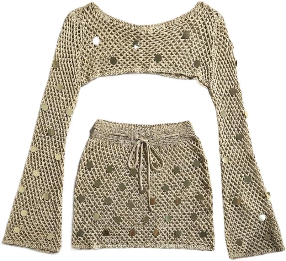 Women's Sequin Hollow Out Long Sleeve Coverup Top And Slip Skirt Set cover ups for swimwear