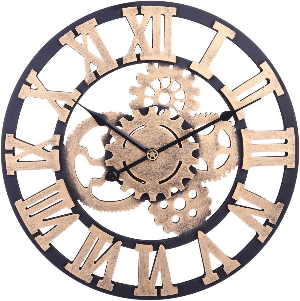 Searchyou - Large Wall Clock, 60CM/24Inch XL Big Vintage Silent Roman Numerals Wooden Round Shabby Chic Cog Wall Clocks for Living Room, Kitchen, Bedrooms, Office, Hotel, Cafe, Bar Art Deco - (Gold B)