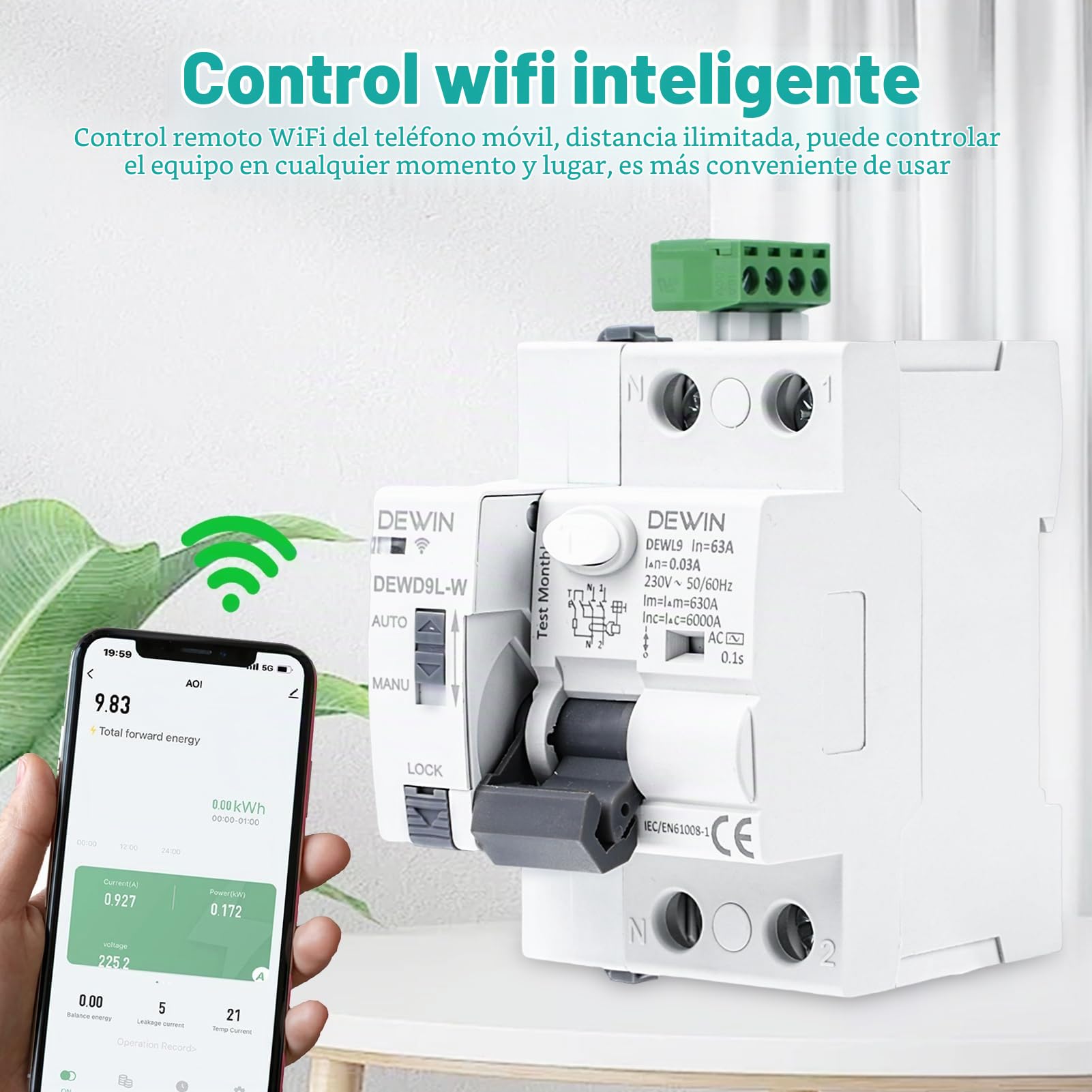 DEWIN WiFi Interruptor Diferencial 63A 30mA, MCB/RCCB Magnetotermico 63A Inteligente WiFi Disyuntor Diferencial, Controla manualmente el reinicio y la desconexión mediante la aplicación