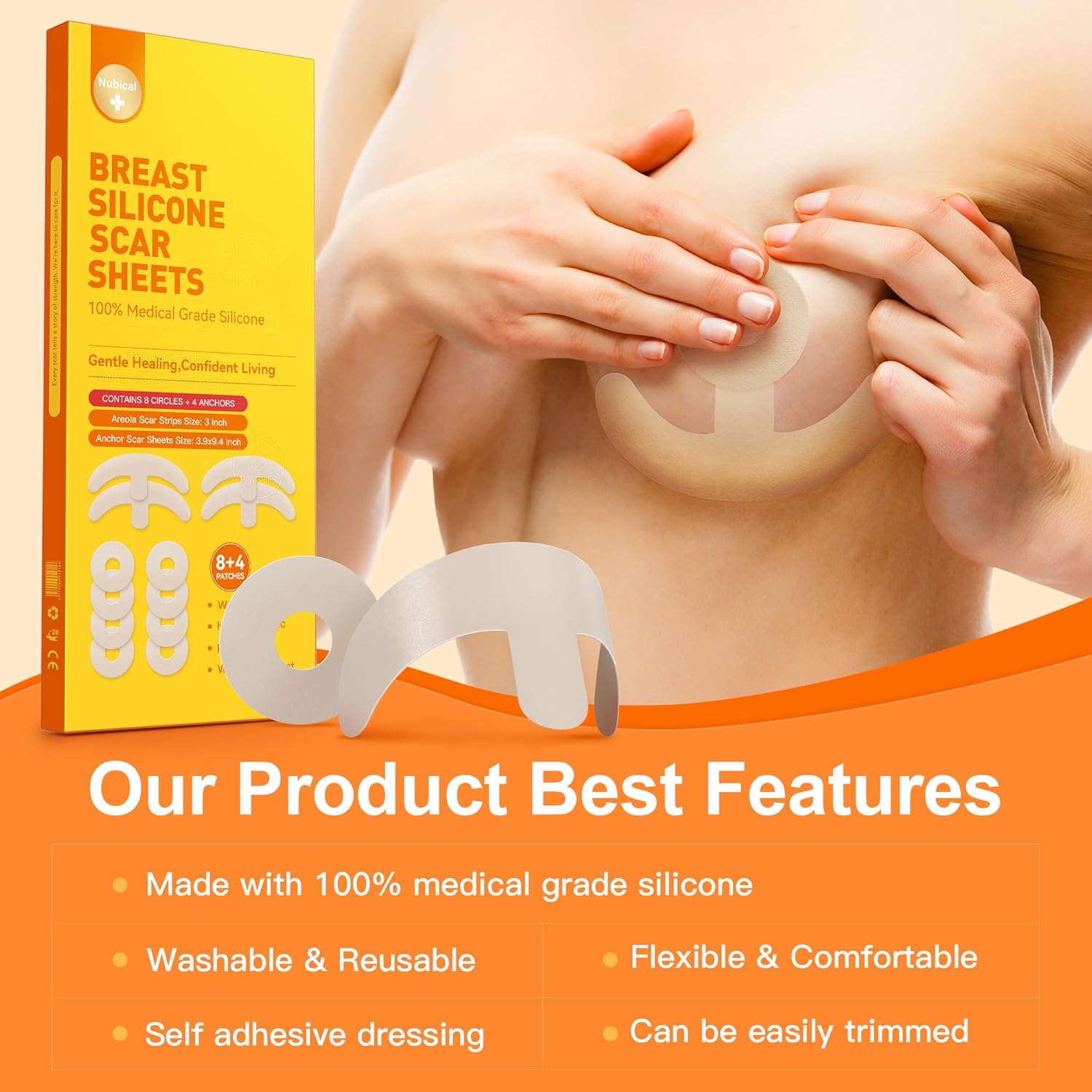 Silicone Scar Sheets for Breast - Including 8 Areola Soft Strips & 4 Anchor Sheets, Medical Grade & Reusable Breast Silicone Scar Tape for Surgical Scars (Yellow) - Image 2