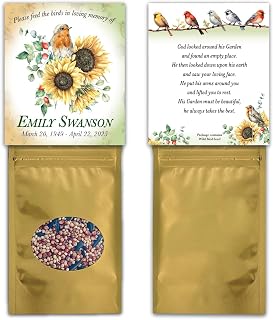 Personalized Memorial Funeral Bird Seed Packets with Choice of Sympathy Poem, Tribute, Keepsake, Wild Bird Seed Favors, Remembrance, Celebration of Life, Sunflower Garden Robin - Qty 25