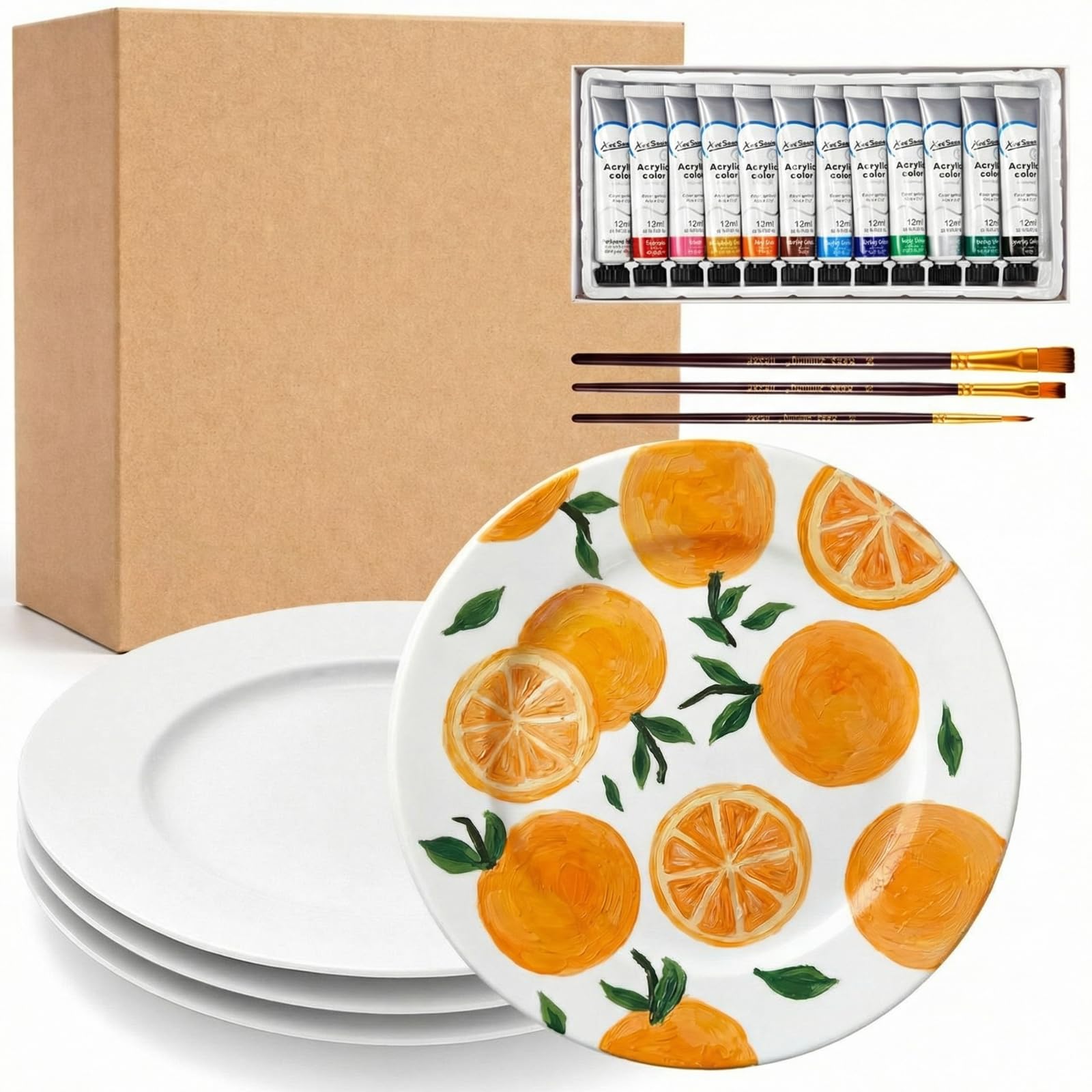Sinmoe Kit para Pintar Tus Propios Platos de Cerámica Incluye 4 Platos de Porcelana 3 Pinceles 12 Pinturas Acrílicas 1 Caja de Regalo 1 Paleta para Pintar DIY(10 Pulgadas,Eco-chic,4 Piezas)