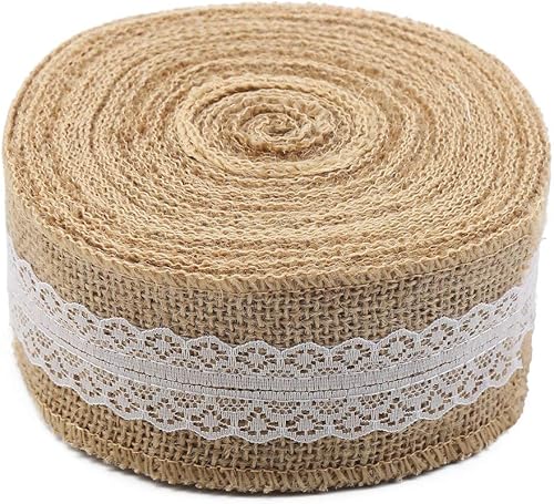 Miniatura 2 de CCINEE Rollo de cinta de arpillera de yute natural de 5.4 yardas con cinta de encaje blanco para manualidades, decoración de boda