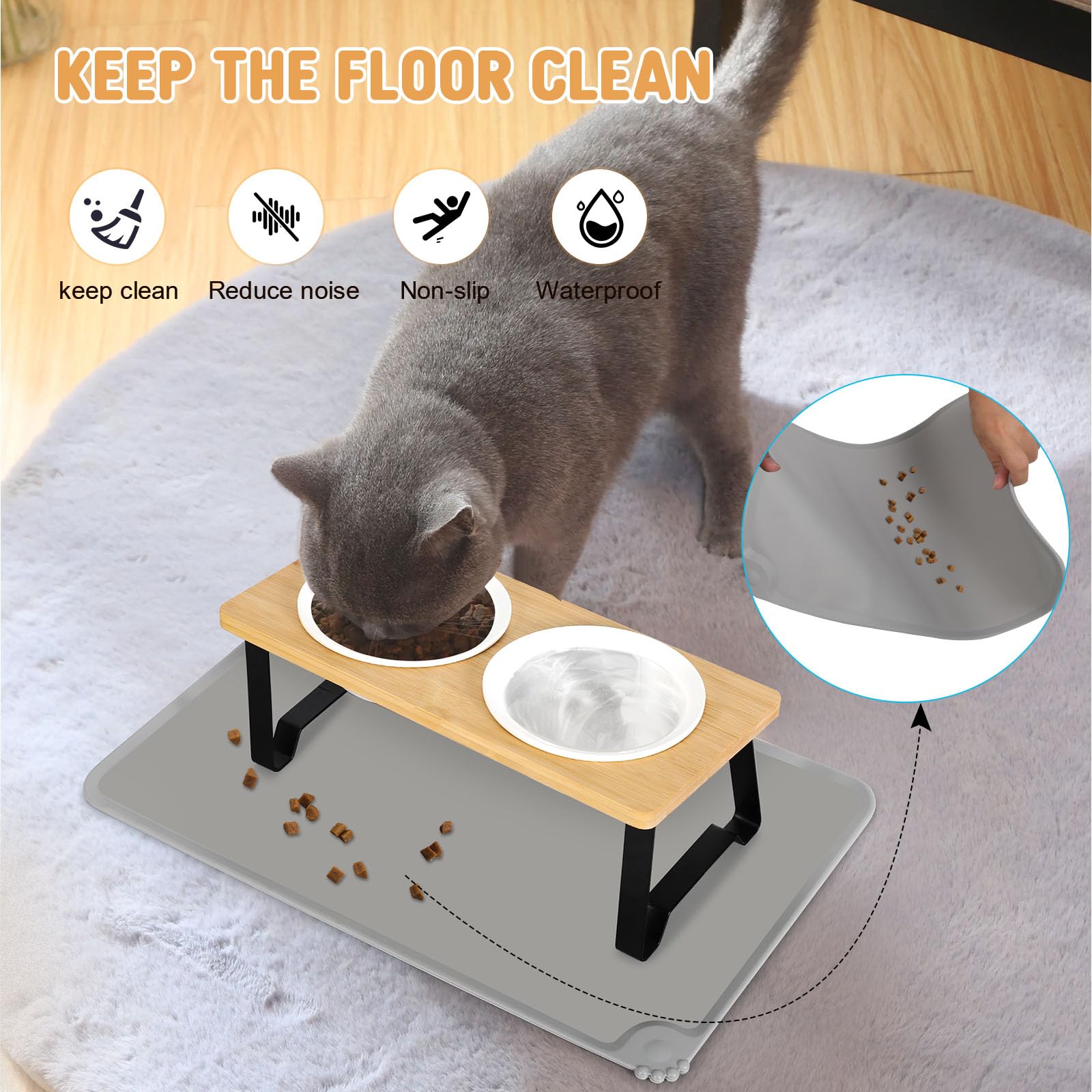 Lannvan Gamelle Chat Surélevée - 2 Bols en Céramique avec Support 15° Incliné et Tapis - pour Chats et Petits Chiens