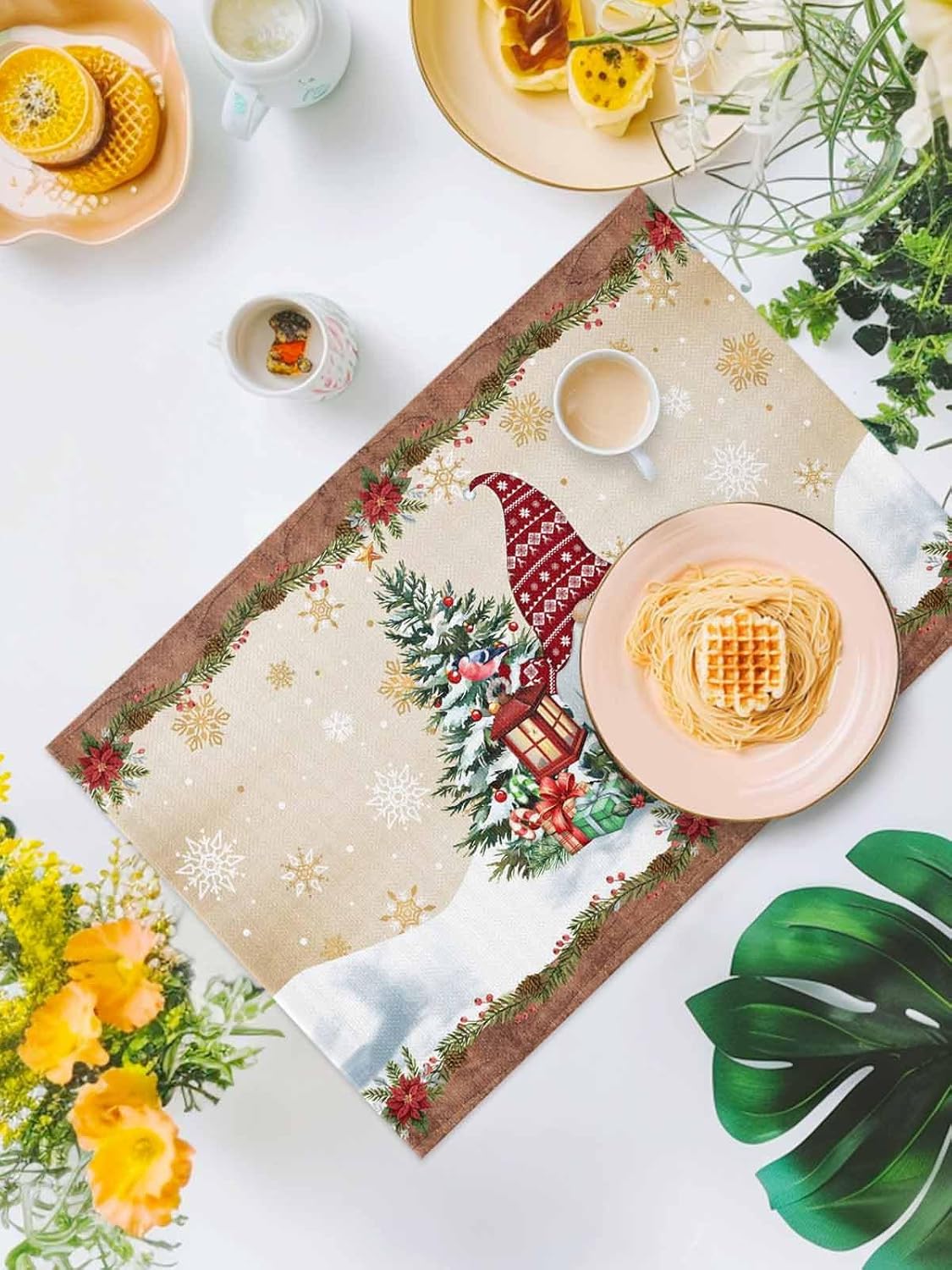 Christmas Table Mats for Dining Kitchen Table,Placemats Set of 6,Santa Claus Cute Gnomes with Pine Tree Snowflake Red Washable Placemat for Outdoor Home Party Office Decor, 13x19 Inch