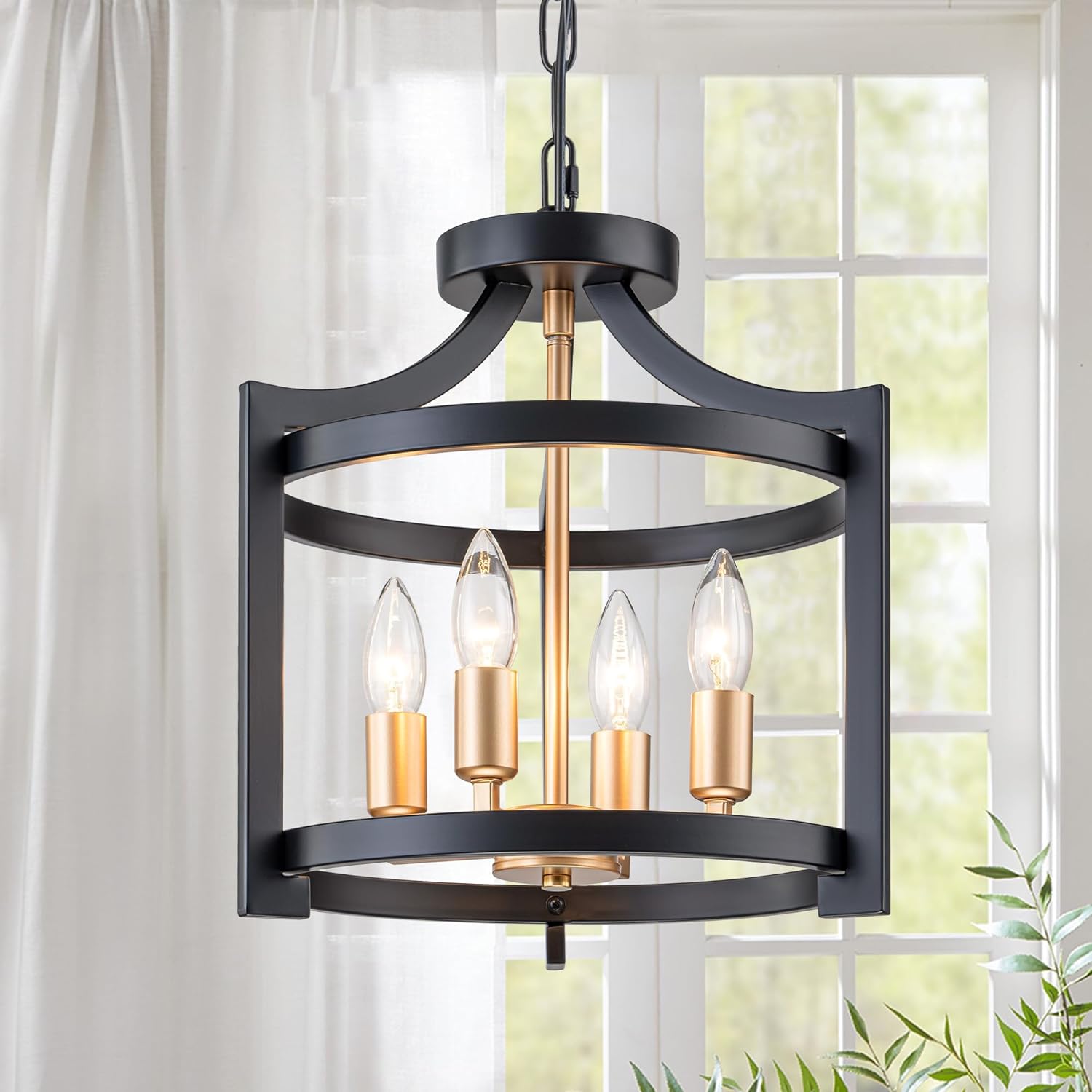 4-Light Black and Gold Farmhouse Chandelier, Adjustable Height Semi Flush Mount Ceiling Light, E12 Base Convertible Pendant Light for Entrance, Kitchen, Bedroom, Hallway