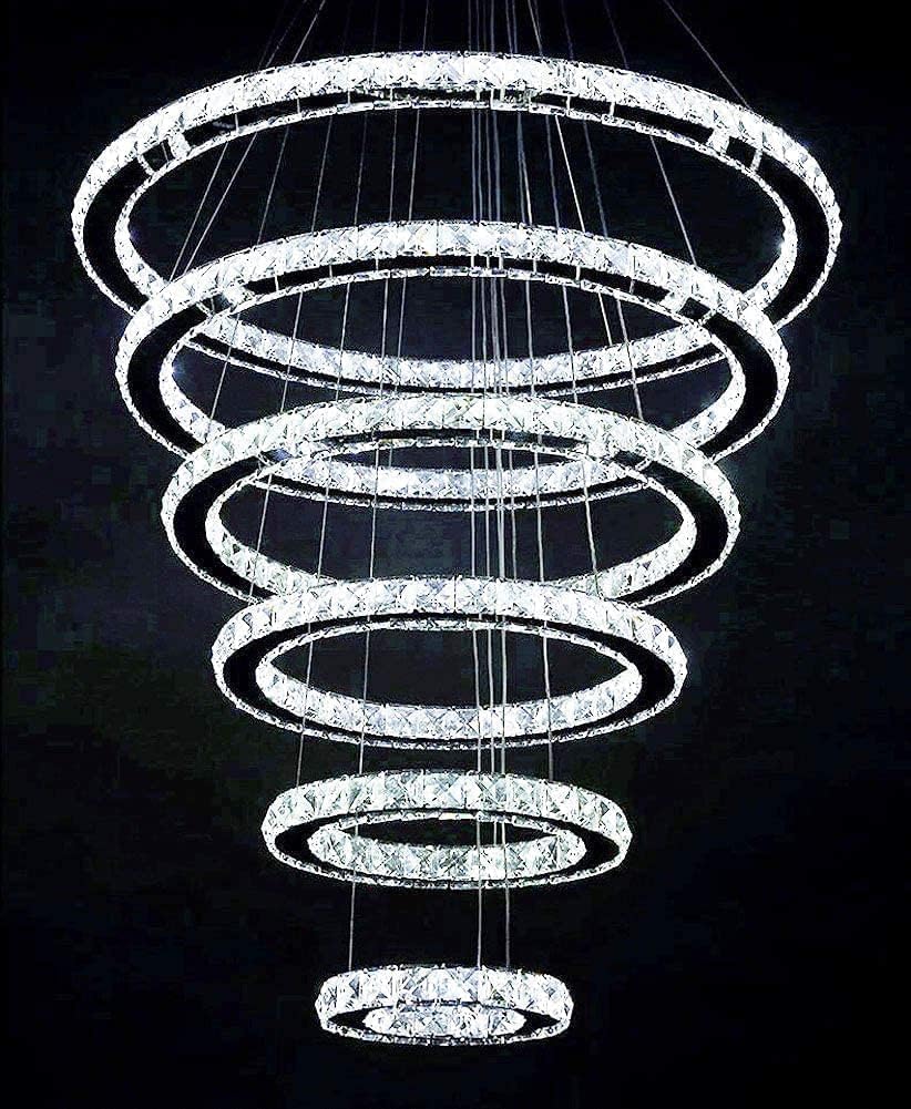 MOOONI Modern 6 Rings Crystal Chandelier for High Ceiling 6 Tiers ...