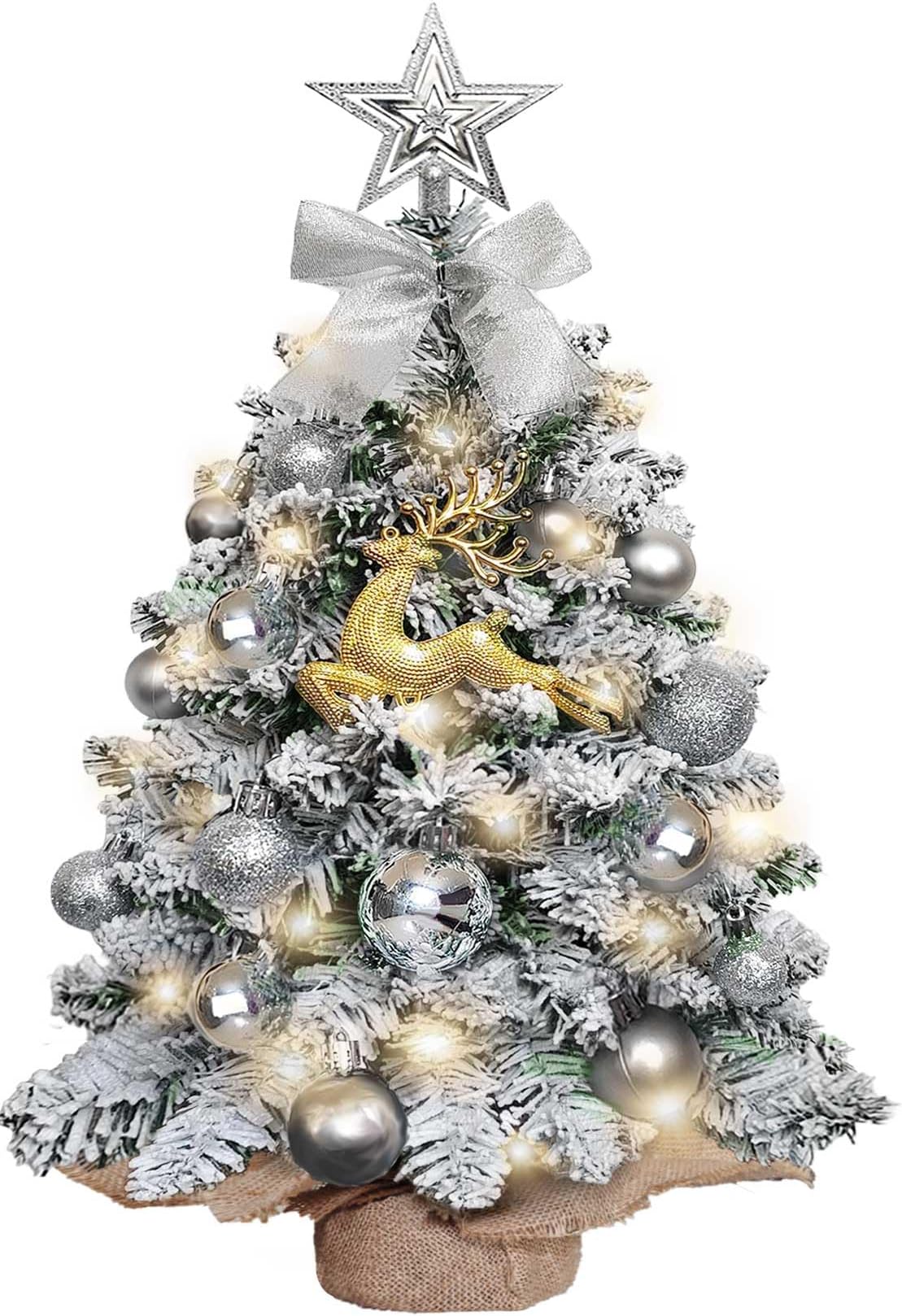 Mini Christmas Tree-with Lights,2ft Small Flocked Christmas Tree with 24pcs DIY Decorations,Small Flocked with LED Lights for Holiday Indoor DIY Decor