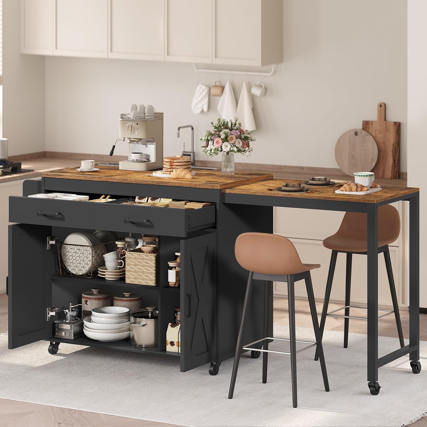 YATINEY Extendable Kitchen Island, Mobile Kitchen Cart, Multifunctional Island Table with Charging Station, Large Drawers, Spice Rack, Black and Rustic Brown ZD03UBR