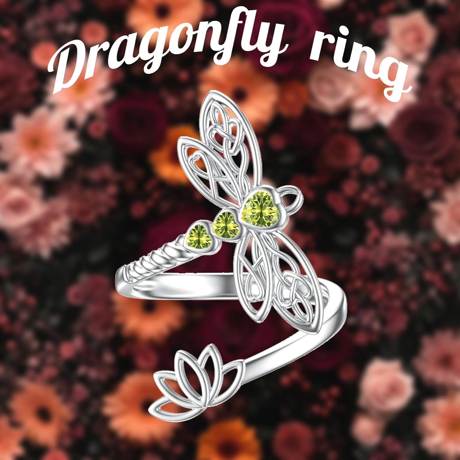 RMREWY Dragonfly Lotus Heart Celtic 925 Sterling Silver Adjustable Ring Birthstone Crystal Jewelry for Women Mother’s Day Birthday Gift for Sister Mom Dragonfly Lovers