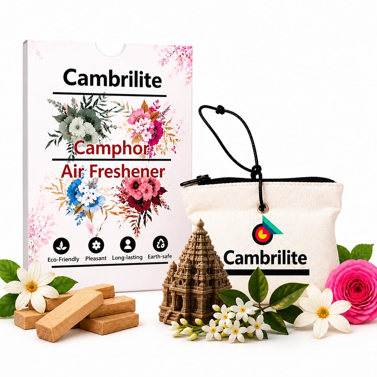 Camphor TEMPLE Essence Hanging Pouch – Car/Closet/Room/Bathroom, Organic Air Freshener Pack of 1 (Camphor, Sandalwood, Rose, Jasmine, Tulsi, and Parijat Fragrance)