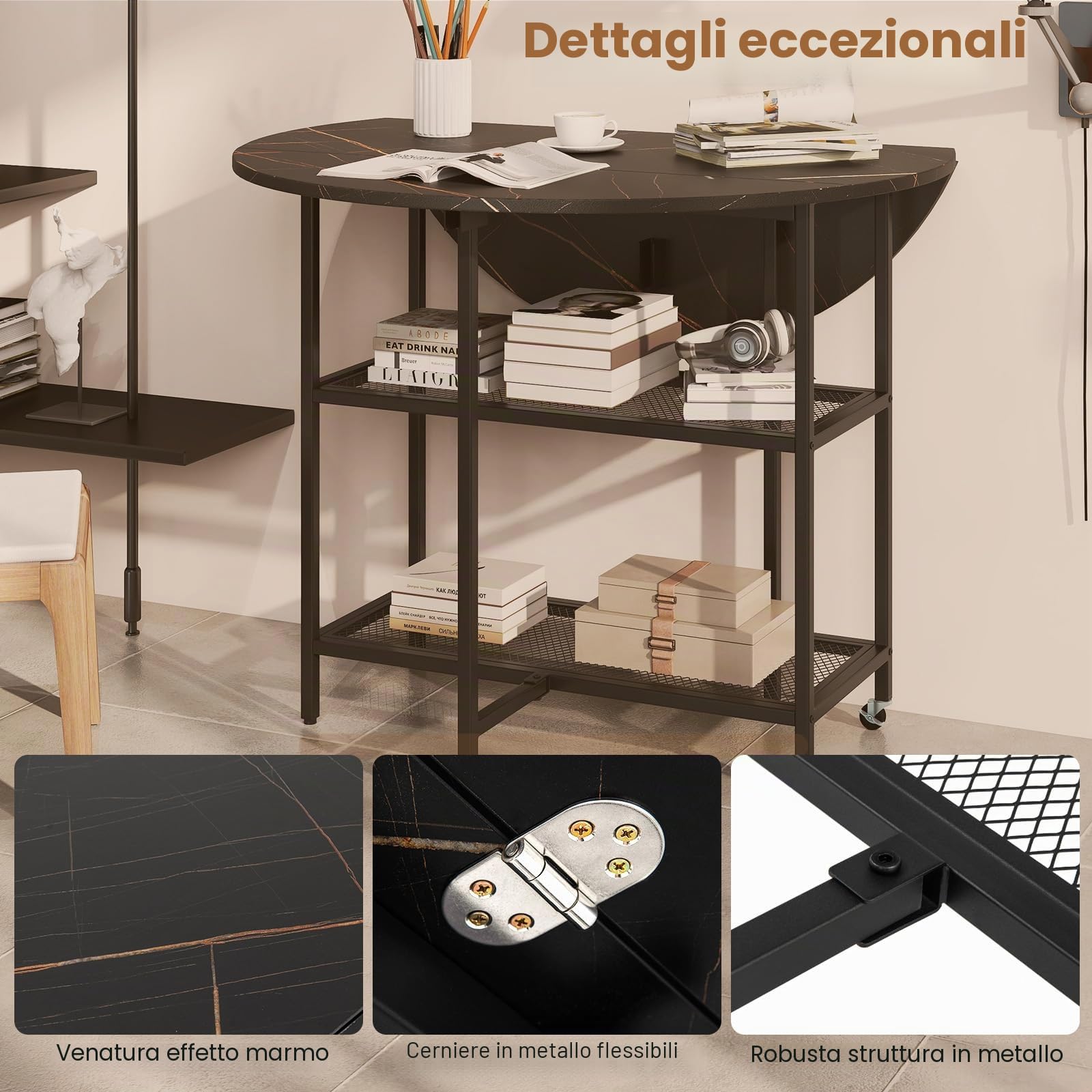 LIFEZEAL Tavolo da pranzo rotondo, 100 cm, tavolo da cucina moderno con piano pieghevole, struttura in marmo, struttura in metallo, mobile allungabile pieghevole per interni con 2 ruote (nero)